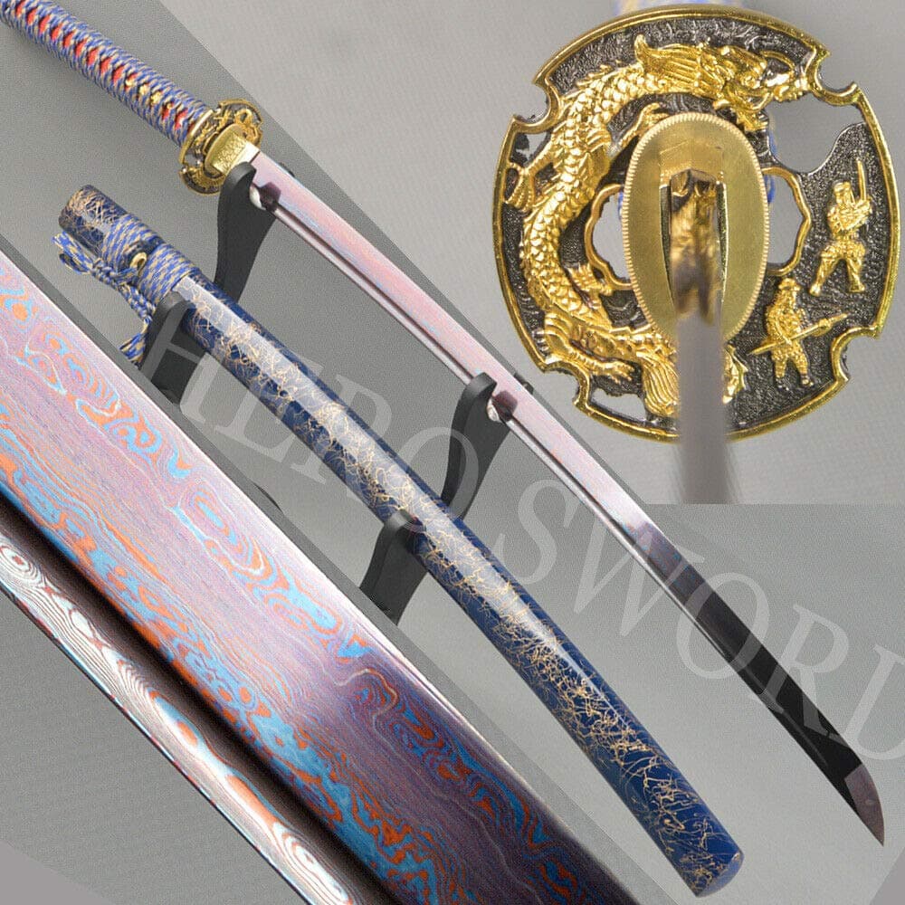 Gold Dragon Tsuba Katana Blue Red Damascus Folded Steel Japanese Samurai Sword Real Combat Ready