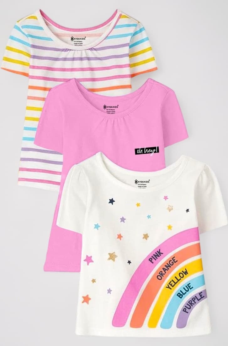Girls Premium 100% Cotton T Shirt | Antibacterial Printed Round Neck Half Sleeve Regular Fit Casual Summer Kids Top | Multicolor Combo (Pack of 3)