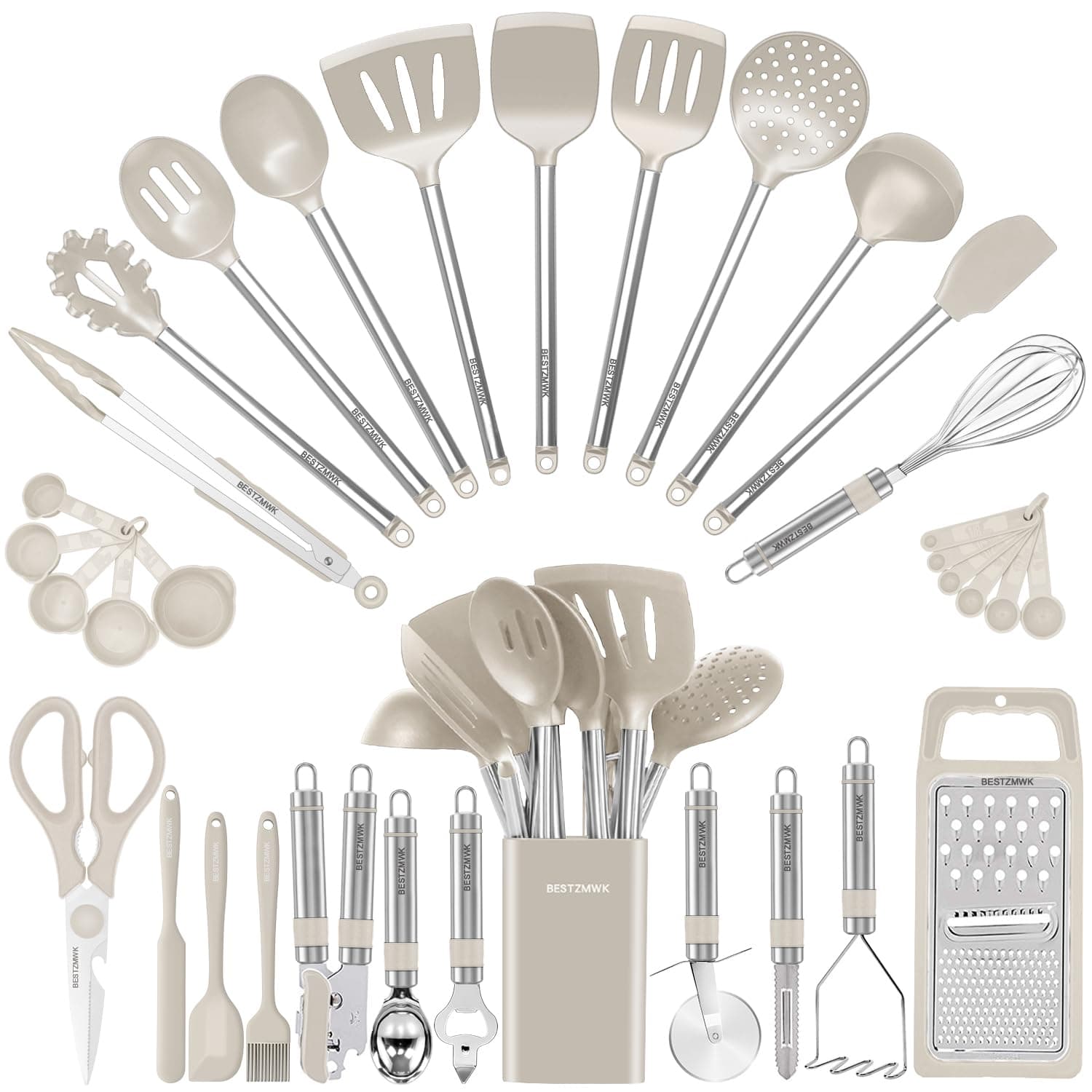 Kitchen Utensil Set-Silicone Cooking Utensils-33 Kitchen Gadgets & Spoons for Nonstick Cookware-Silicone and Stainless Steel Spatula Set-Best Kitchen Tools, Useful Pots (Khaki)