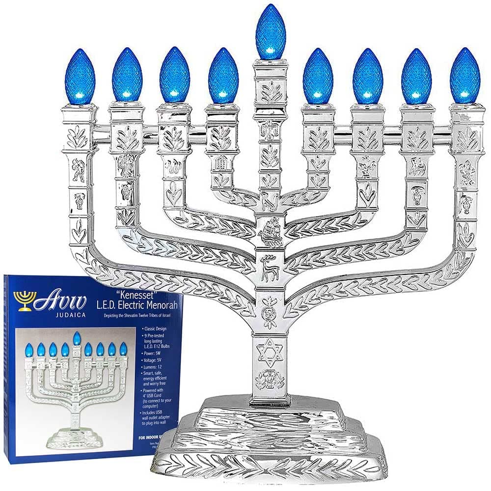 Aviv Judaica LED Knesset Chanukiah Metallic Silver Electric Chanukah Menorah Designed with The 12 Tribes of Israel Shevatim - Corded USB Menorah Includes Wall Adaptor Electronic Hanukkah Minorah