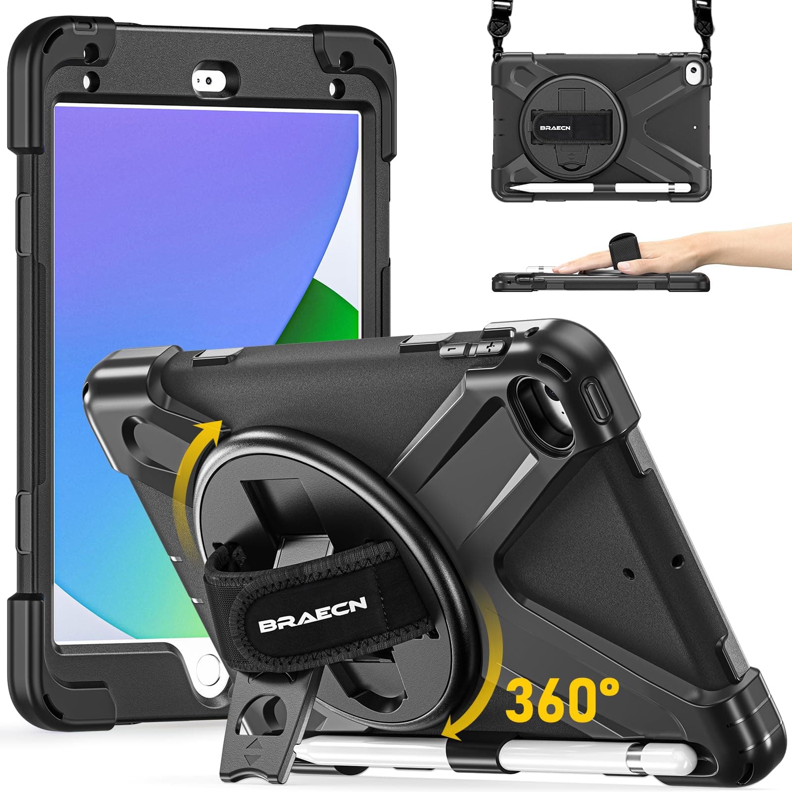 iPad mini 5 Case,iPad mini 4 Case, Heavy Duty Shockproof Protective Rugged Case with Pencil Holder,Hand Strap,Kickstand, Shoulder Strap for iPad mini 5th/4th Generation 7.9 Inch for Kids-Black