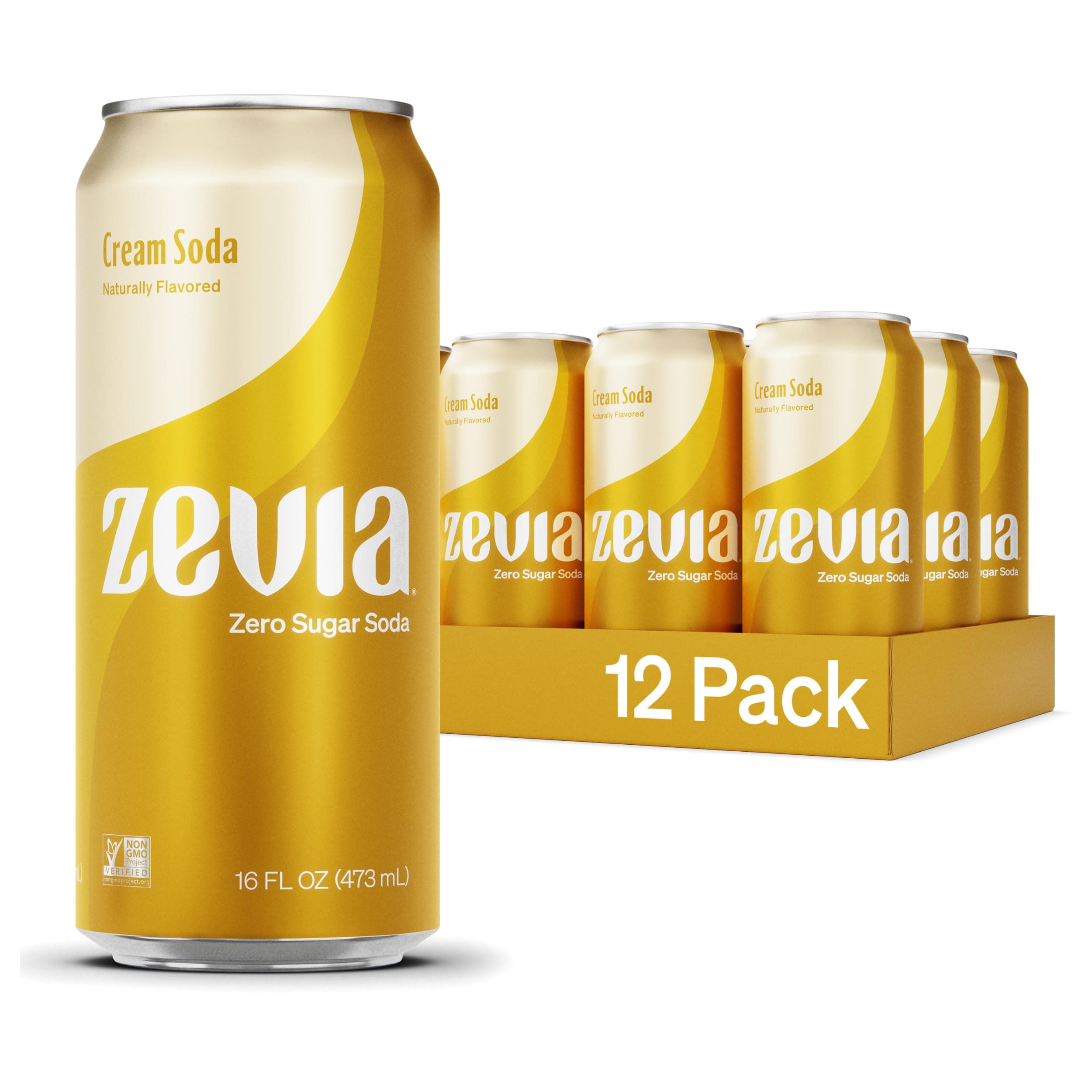 Zevia Zero Sugar Soda, Cream Soda, 16 oz Cans (12-Pack) – Naturally Sweetened, Non-GMO Project Verified, Gluten-Free, Vegan