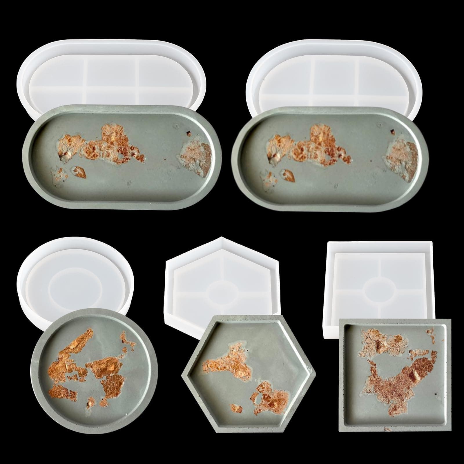 5Pcs Resin Tray Mould, Silicone Moulds for Resin Casting, Round and Square Epoxy Resin Casting Molds for Coaster Resin Tea Tray Making