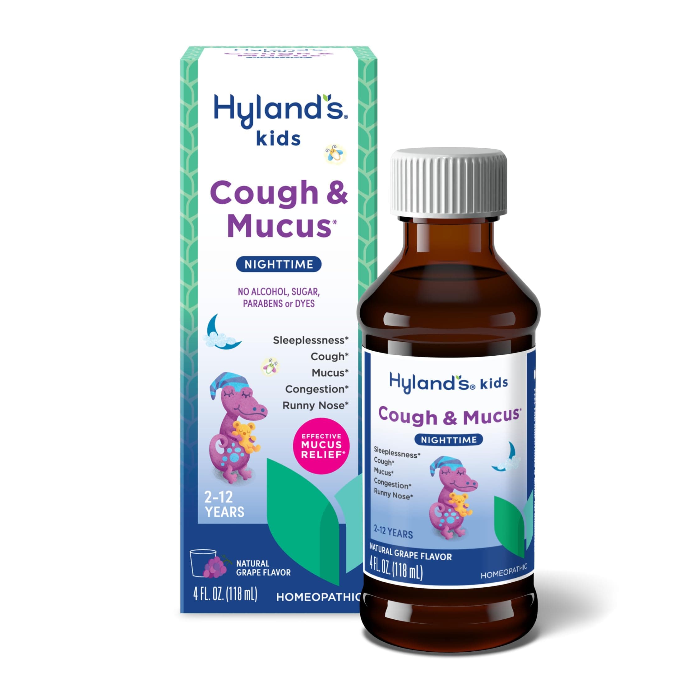 Hyland's Kids Nighttime Cough Syrup & Mucus Relief, Kids Cough Medicine for Ages 2-12, Grape Flavor, Natural Sleep Aid, Cough, Runny Nose, Mucus & Congestion, Ounces