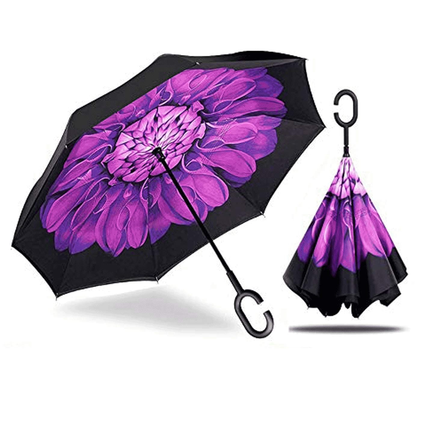 MRTLLOA Windproof Inverted Reverse Umbrella with UV Protection, C-Shaped Handle Double Layer Stick Umbrella for Rain (Purple Flower)