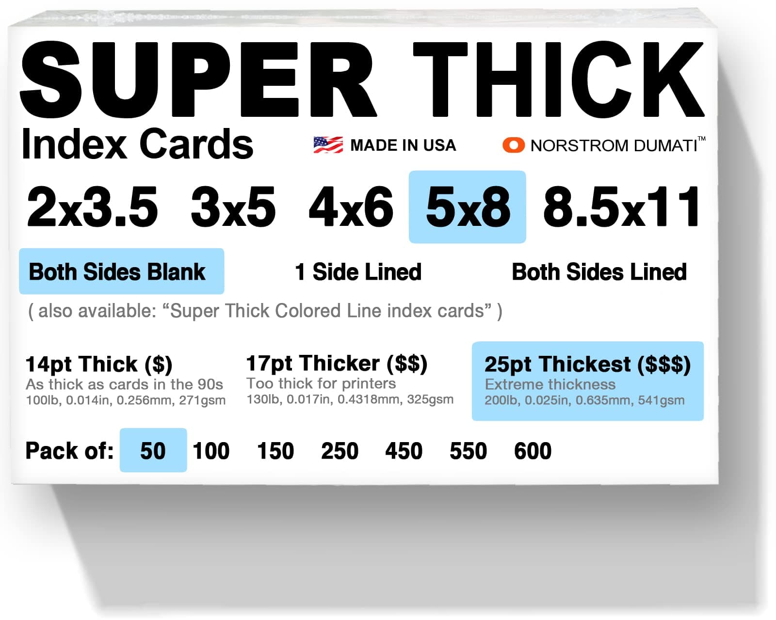 50 SUPER THICK index cards/ 5"x8" / 25pt (0.025") 200lb / blank un-ruled / 97 white/note-cards post-cards flash-cards/extra heavy-weight duty, acid-free, 5 X 8 card stock