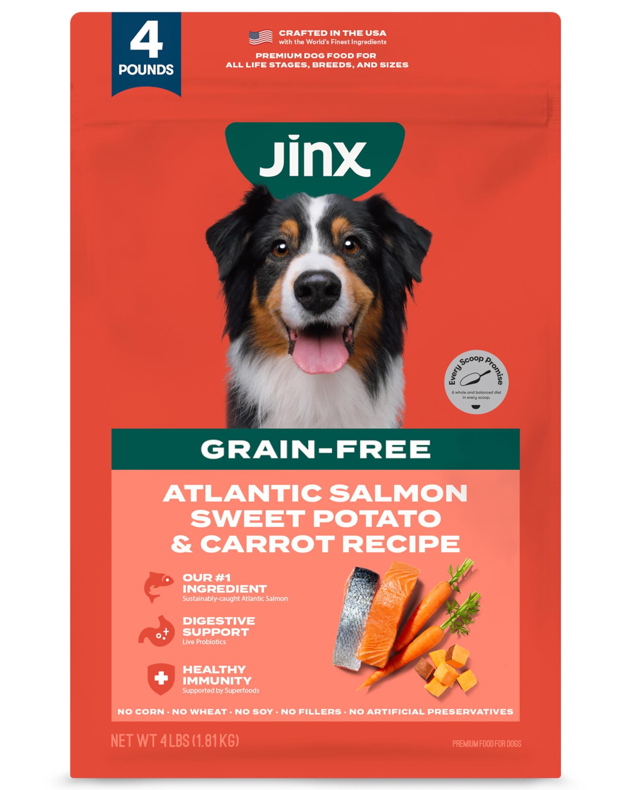 Premium Grain-Free Dry Dog Food, for All Lifestages - Real Salmon, Sweet Potato & Carrot Puppy Kibble with Superfoods for Immune Support & Probiotics for Digestive Support - No Fillers - 4lb