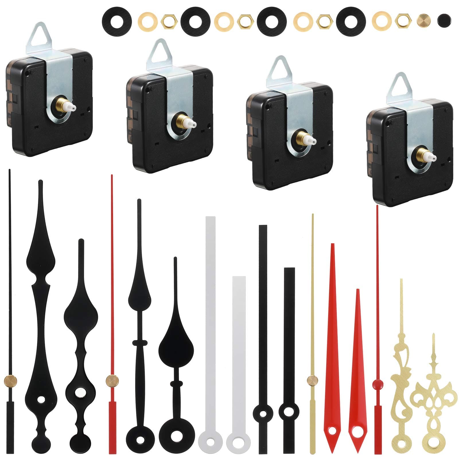 Outus 4 Pieces Quartz DIY Wall Clock Movement Mechanism Battery Operated Clock Motor Kit with 6 Sets of Hands (0.5 Inch/ 13 mm, Red, White, Black, Gold)