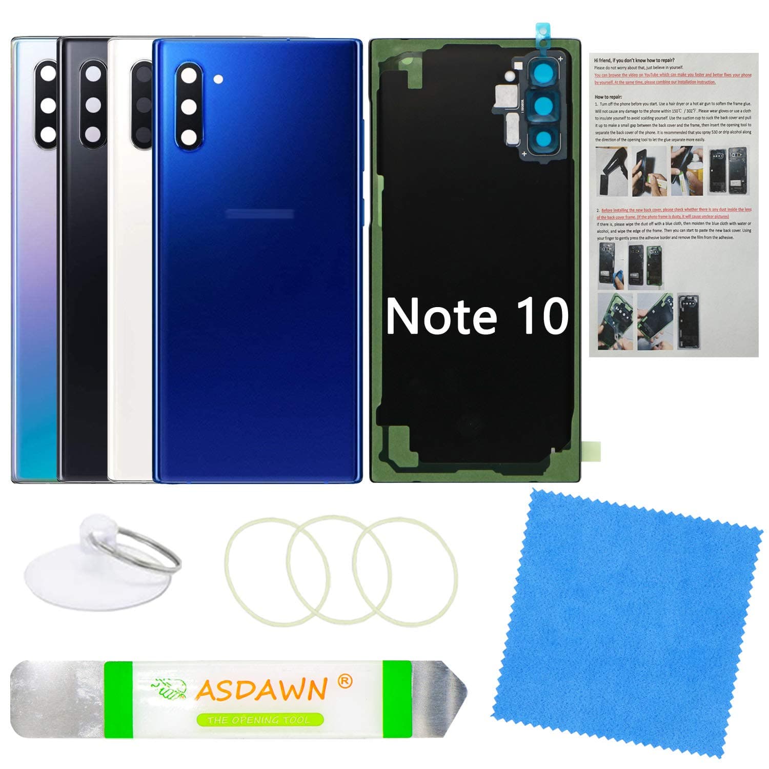 Galaxy Note 10 Replacement Back Glass Panel Case with Installation Manual + Pre-Installed Camera Lens + All The Adhesive + Repair Tool Kit for Samsung Galaxy Note 10 -N970 All Carriers (Aura Blue)