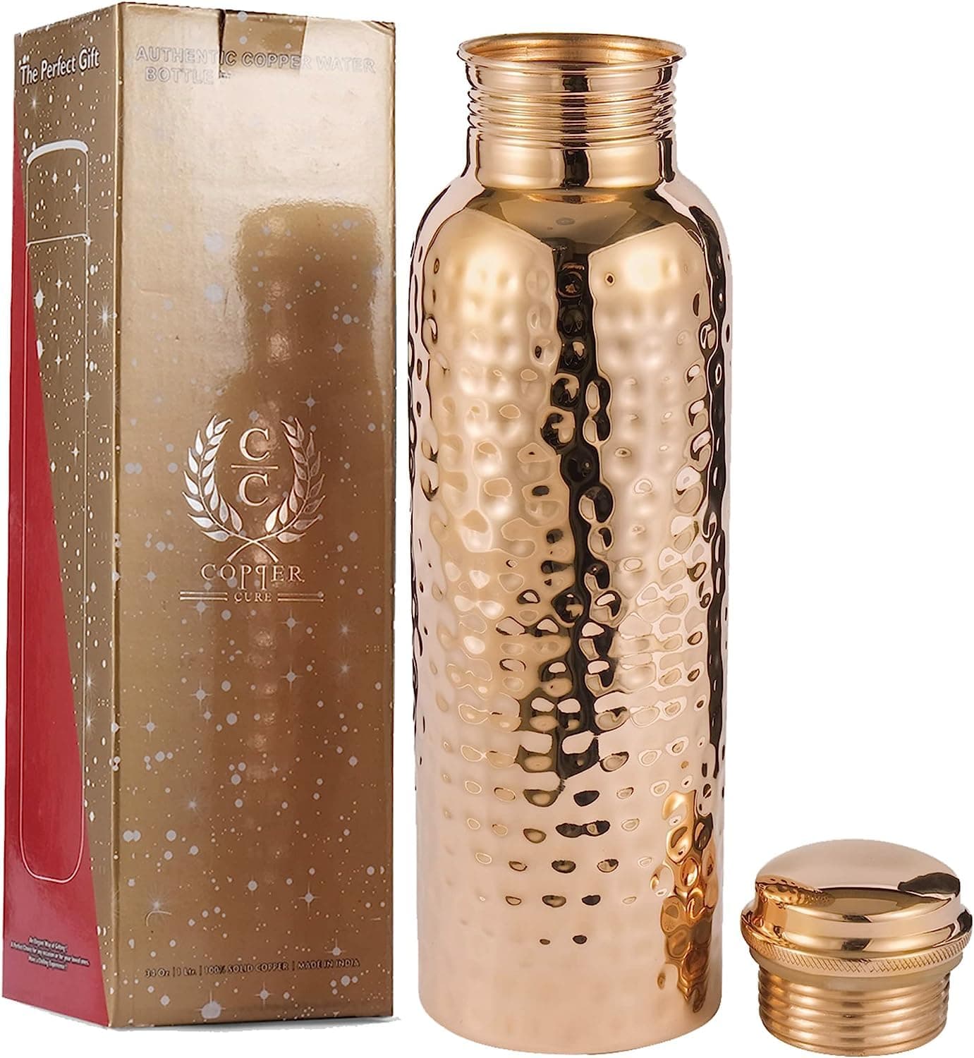 Pure Copper Bottle - 100% Solid Handcrafted Copper Hammered Bottle, Capacity 34 Oz/1000 ML - Copper Bottle for Home, Office, Hotel and Gifting