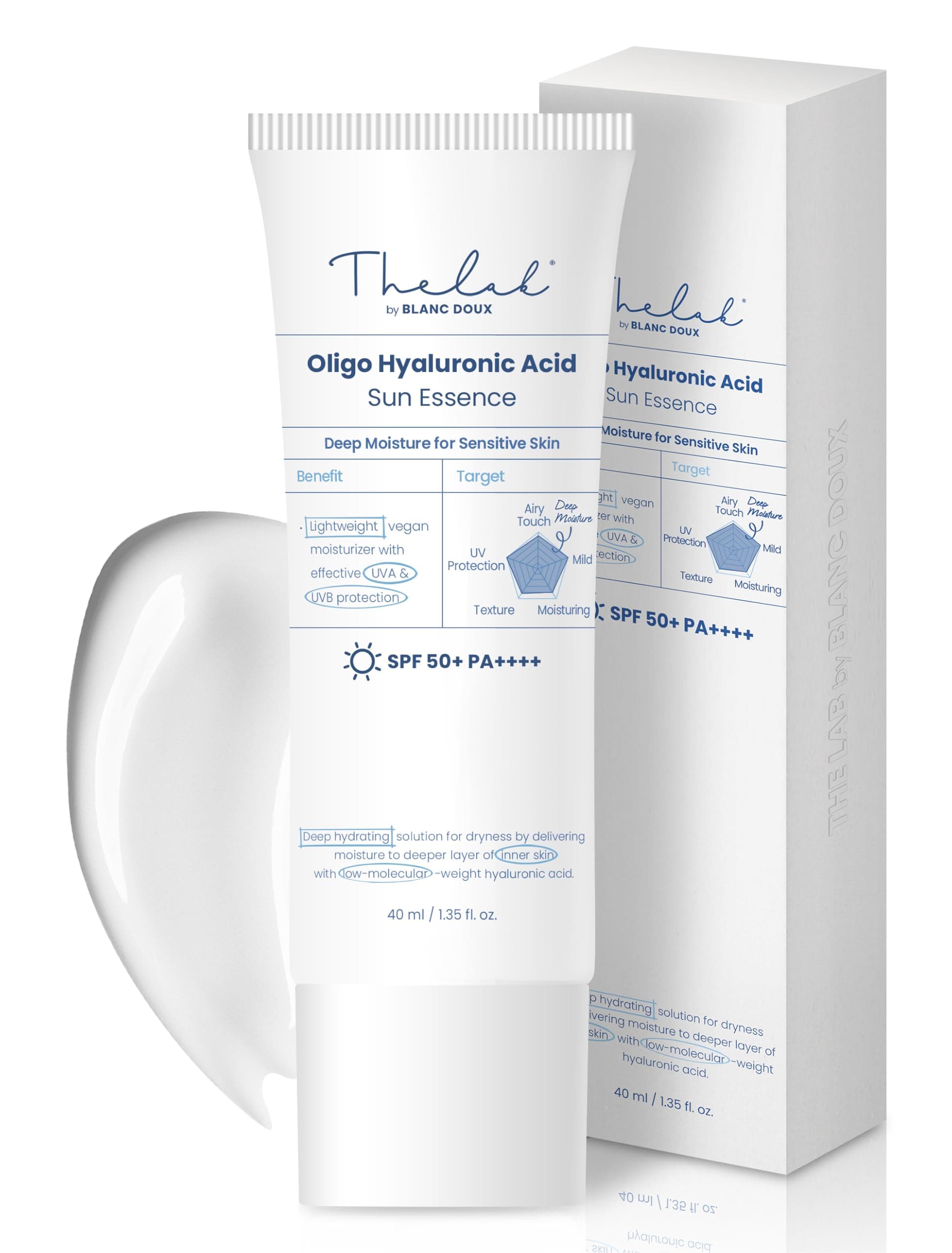 Blanc Doux Oligo Hyaluronic Acid UVA UVB Sun Essence Airy Touch 1.35 Oz SPF 50+ PA++++ Reef-Safe Makeup Base Sunscreen No Greasiness Stickiness Whitecast Sunblock Vegan Sensitive Dry Acne-Prone Skin