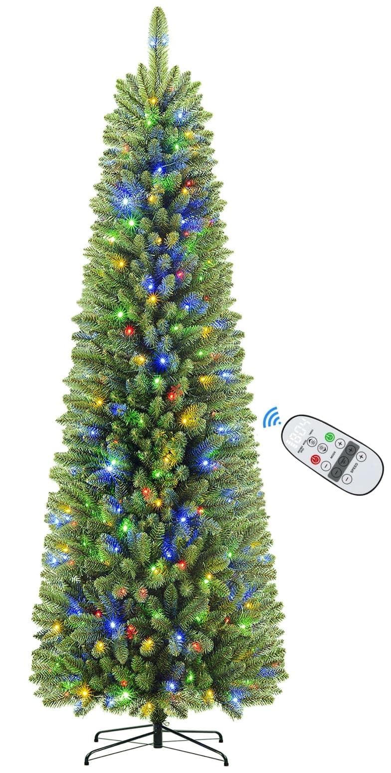 SHareconn 6ft Premium Prelit Artificial Slim Pencil Spruce Christmas Tree with Remote Control, 240 Warm White & Multi-Color Lights, Full Branch Tips, First Choice Decorations for Xmas, 6 FT, Green