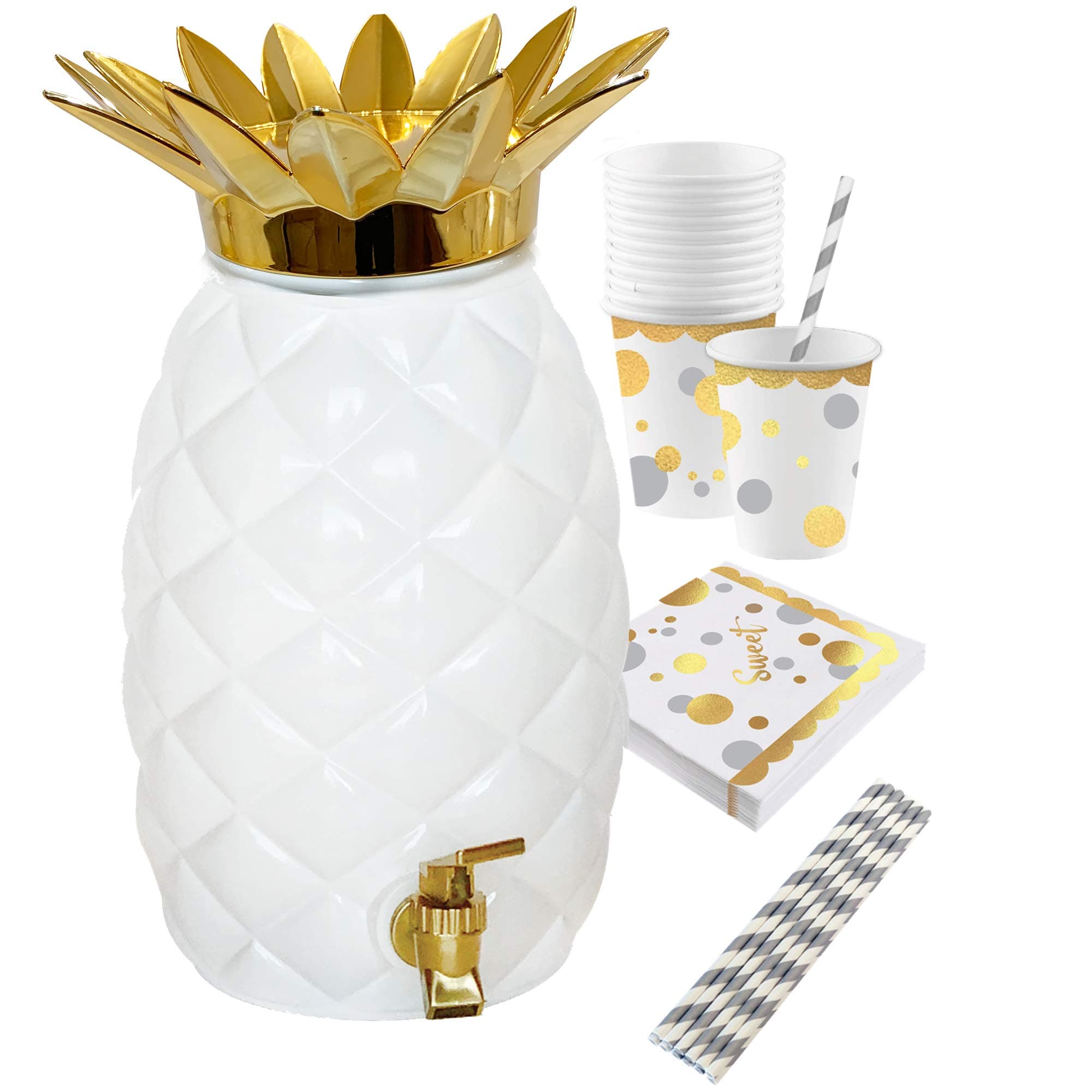 Island Genius Plastic Glam Pineapple Drink Dispenser Party Pack, Hawaiian Luau Party Decoration Supplies