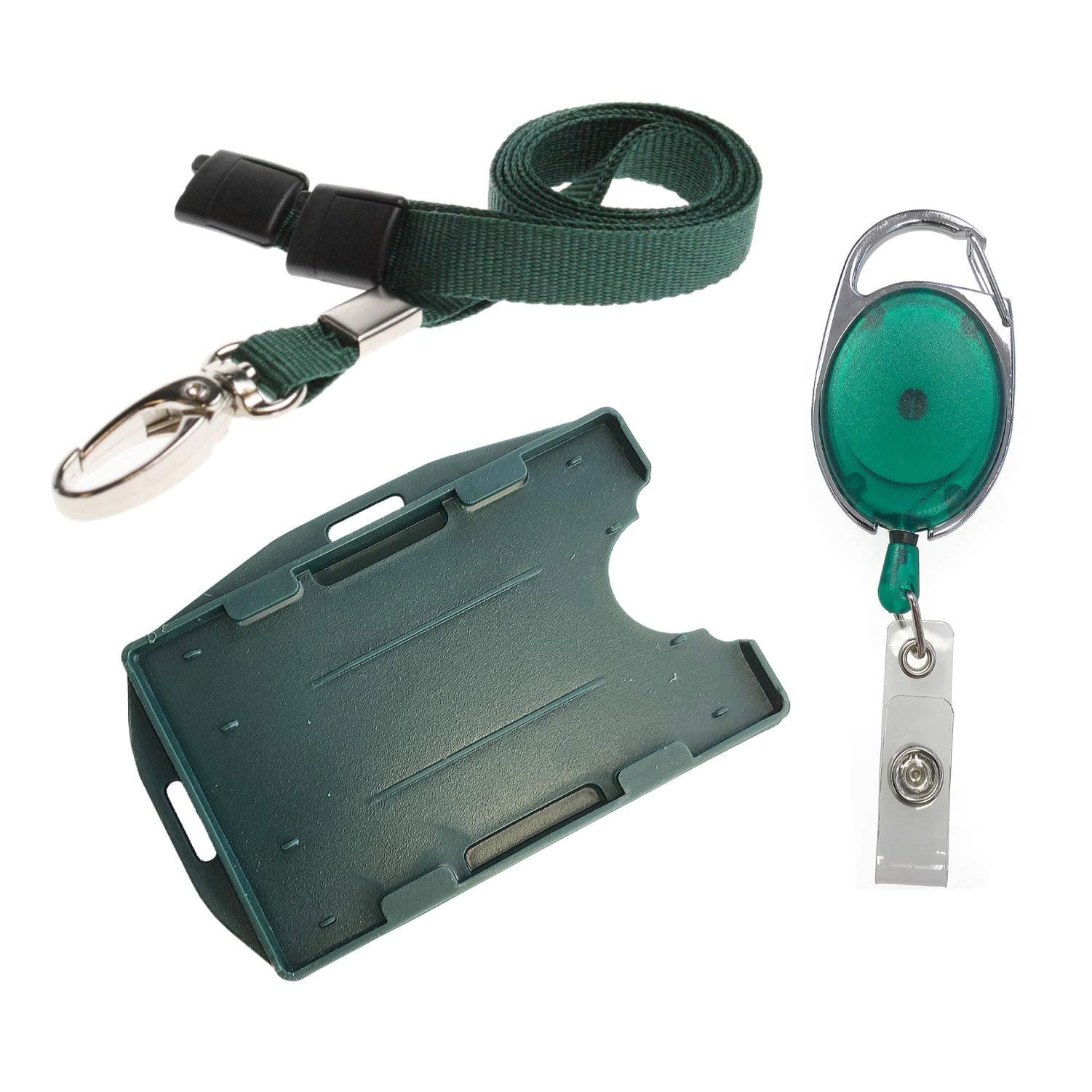 3 Piece ID Badge Set Green Includes Metal Lobster Clip Lanyard, Retractable Badge Reel, Dual Double Sided ID Card Badge Holder (Landscape & Portrait in one Card Holder)