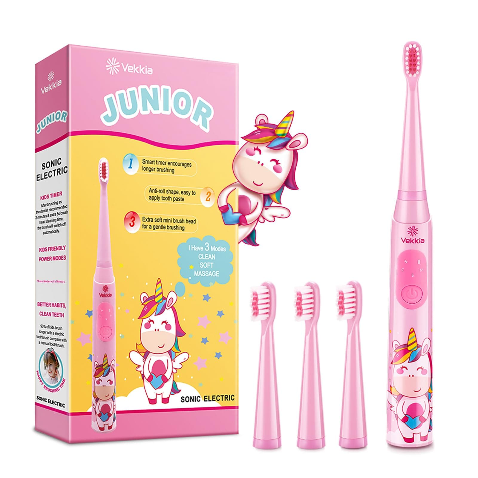 Sonic Rechargeable Kids Electric Toothbrush, 3 Modes with Memory, Fun & Easy Cleaning, 24000 Strokes, IPX7 Waterproof, 2-Min Timer for Age 5+, 4 Soft Bristles(Pink)