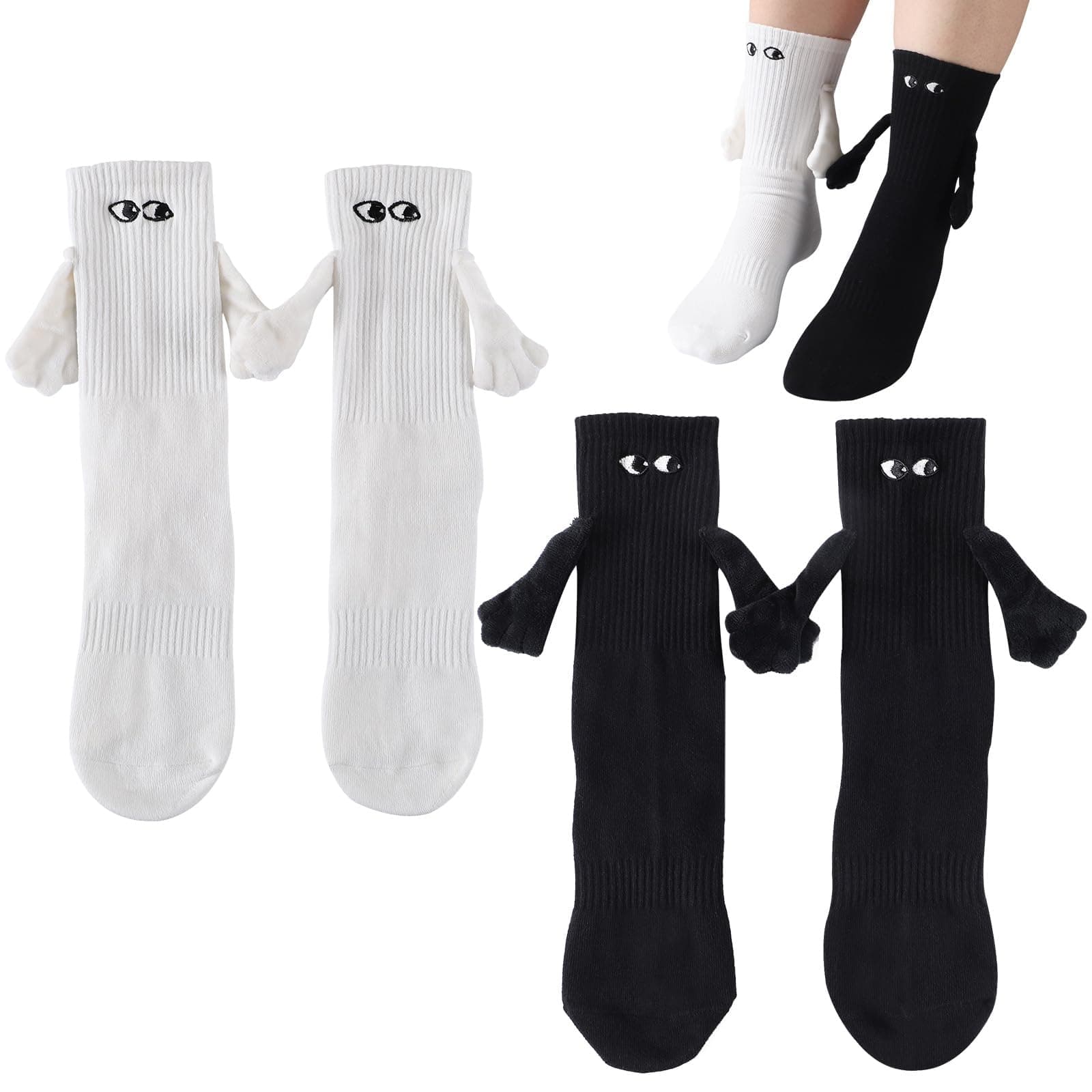 Couple Holding Hands Socks, Funny Magnetic Hand Socks, Unisex Mid Tube for Couples, Holiday Couple, Unique Funny Gift, Comfortable and Durable (Style 2 Black+White)