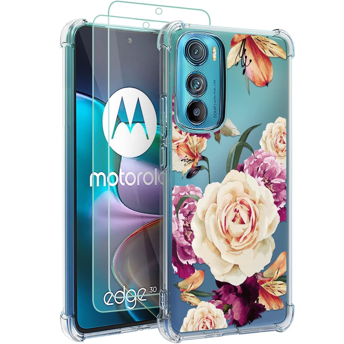 Osophter for Moto Edge 30 5G Case with 2pcs Screen Protector Flower Floral for Girls Women Shock-Absorption Flexible TPU Rubber Phone Cover for Motorola Moto Edge 30 5G(Purple Flower)