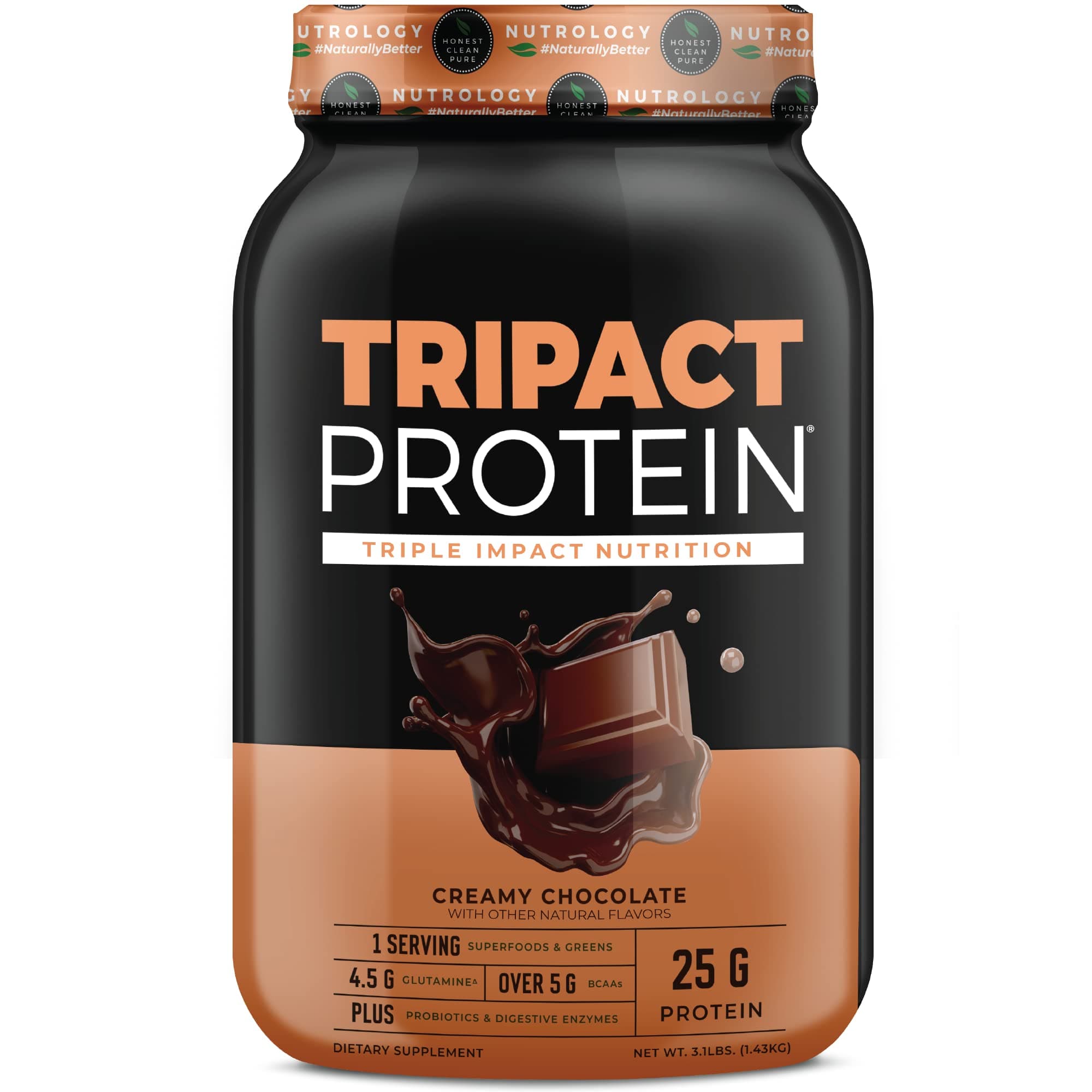 Nutrology TRIPACT Protein Powder - 7-in-1 Meal Replacement Shake with Grass Fed Whey Protein Powder, Pea, Rice, & Greens - Boost Muscle Recovery & Immunity, Creamy Chocolate Flavor, 40 Servings