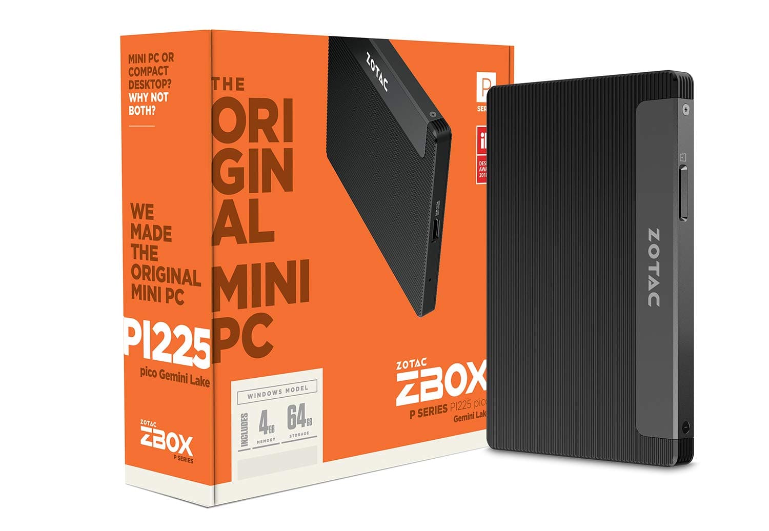 Zotac ZBOX Pico PI225-GK Mini PC Fanless Passively Cooled, Intel Gemini Lake N4000, 4GB DDR4 Memory, 64GB Storage, Windows 10 Home in S Mode, ZBOX-PI225-GK-W2D, PI225 Pocket-Size MiniPC