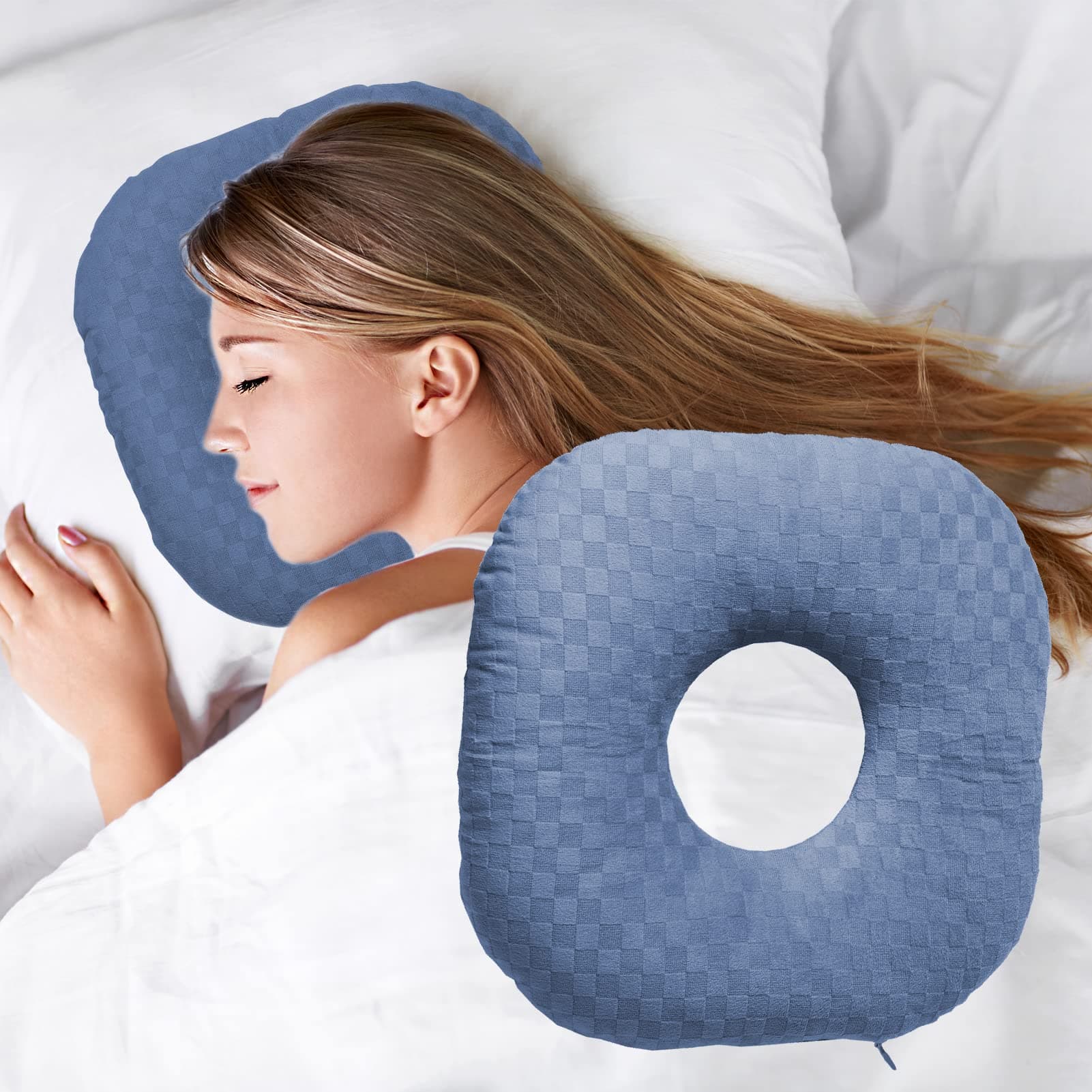 Ear Piercing Pillow for Side Sleepers, Pillow with an Ear Hole for CNH and Ear Pain Ear Inflammation Pressure Sores, O-Shaped Side Sleeping Pillow, Ear Guard Pillow (Blue)