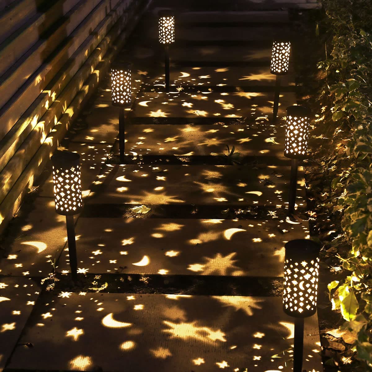 Solar Garden Lights - 6 Pack Black Star Moon, Waterproof Outdoor Path Lights