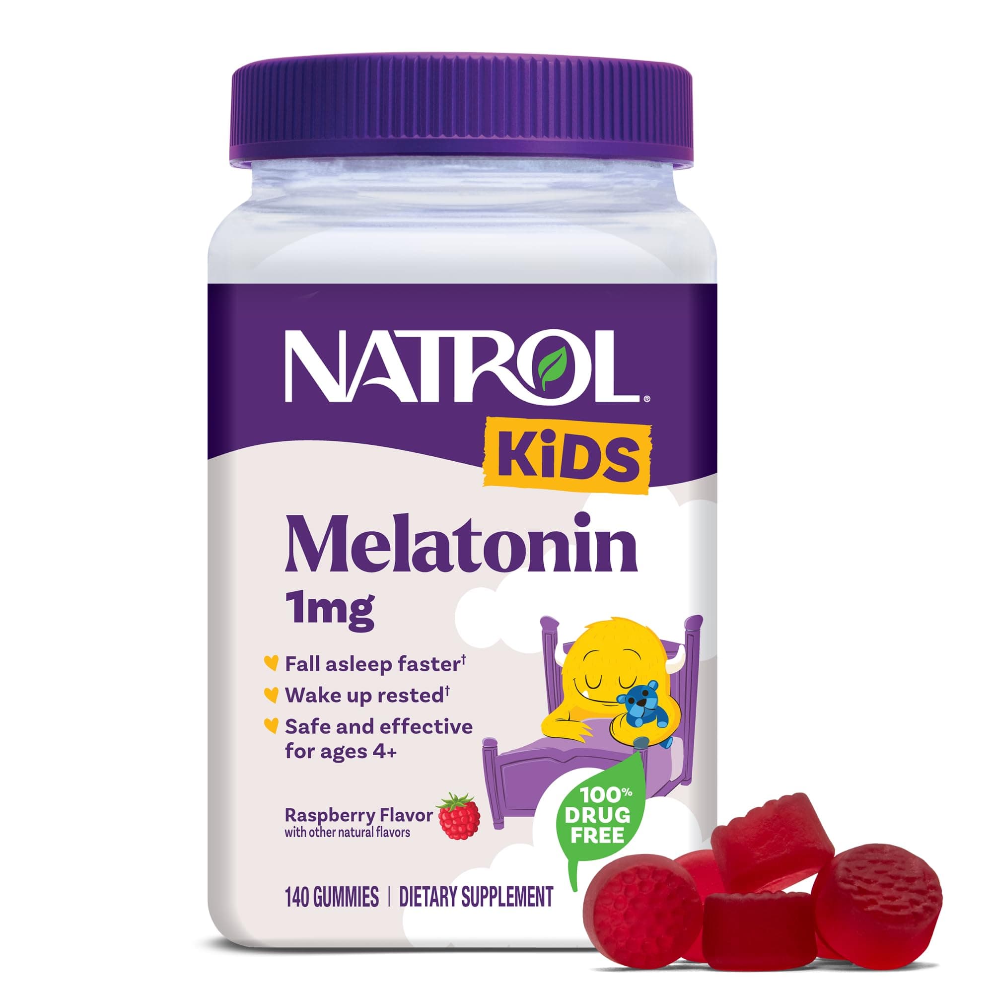 Natrol Kids Melatonin Gummies 1mg, Children's Melatonin for Restful Sleep, 140 Raspberry-Flavored Sleep Gummies, 140 Day Supply