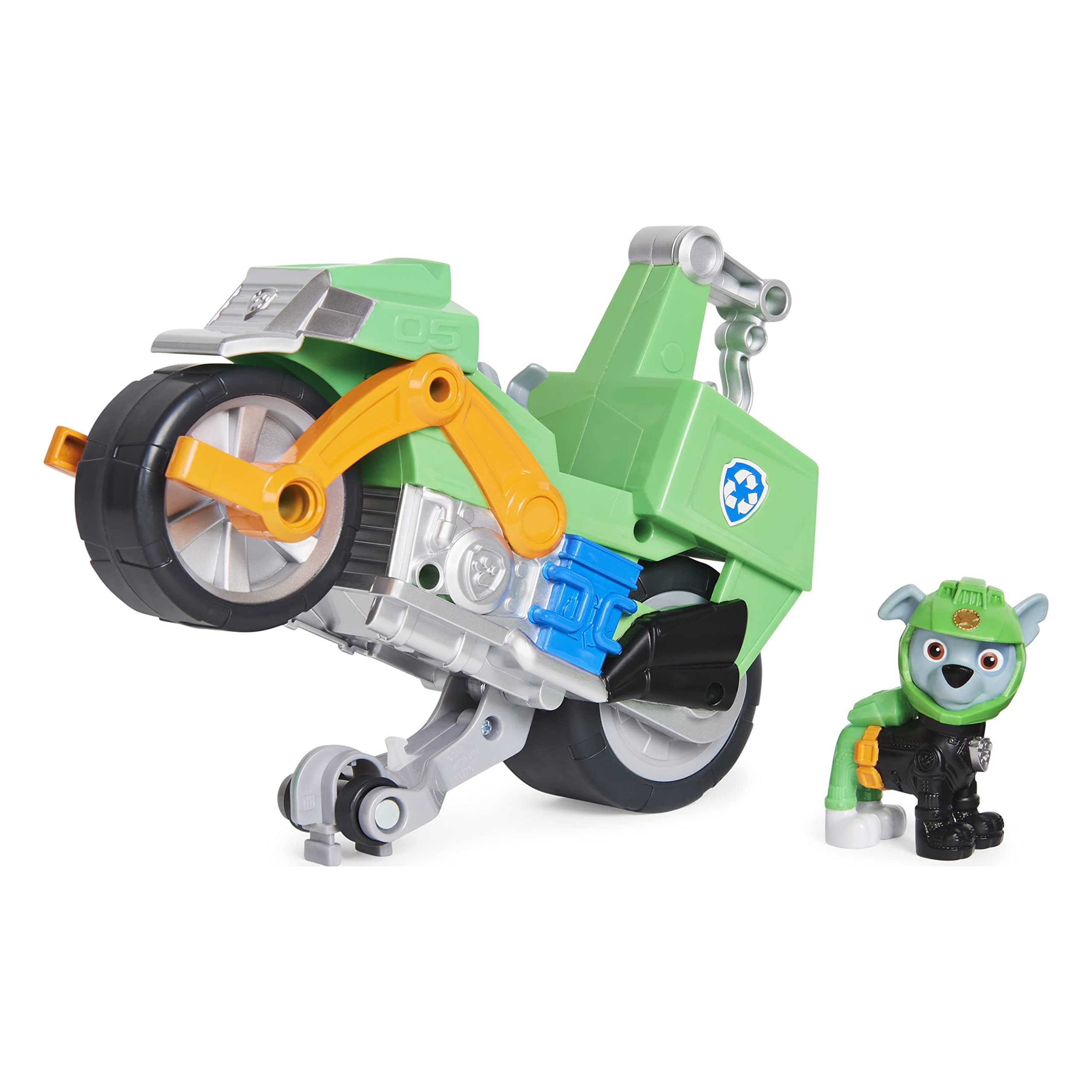 PAW PATROL Moto Pups Rocky’s Deluxe Pull Back Motorcycle Vehicle with Wheelie Feature and Figure Multicolor X-Large