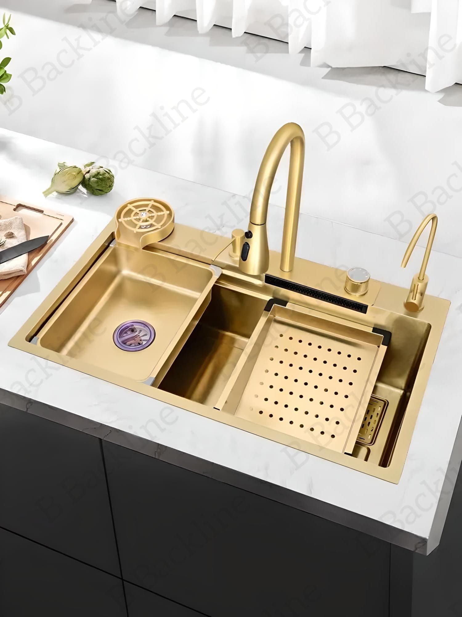 Kitchen Sink SS 304 Grade Modular Sink With Pull-Down Faucet and Rainfall Mode,RO Mineral Water Tap, Glass Washer, Fruit Basket, Chopping Board, Kitchen Sink 30" X 18'" X 9" Inches (Gold)