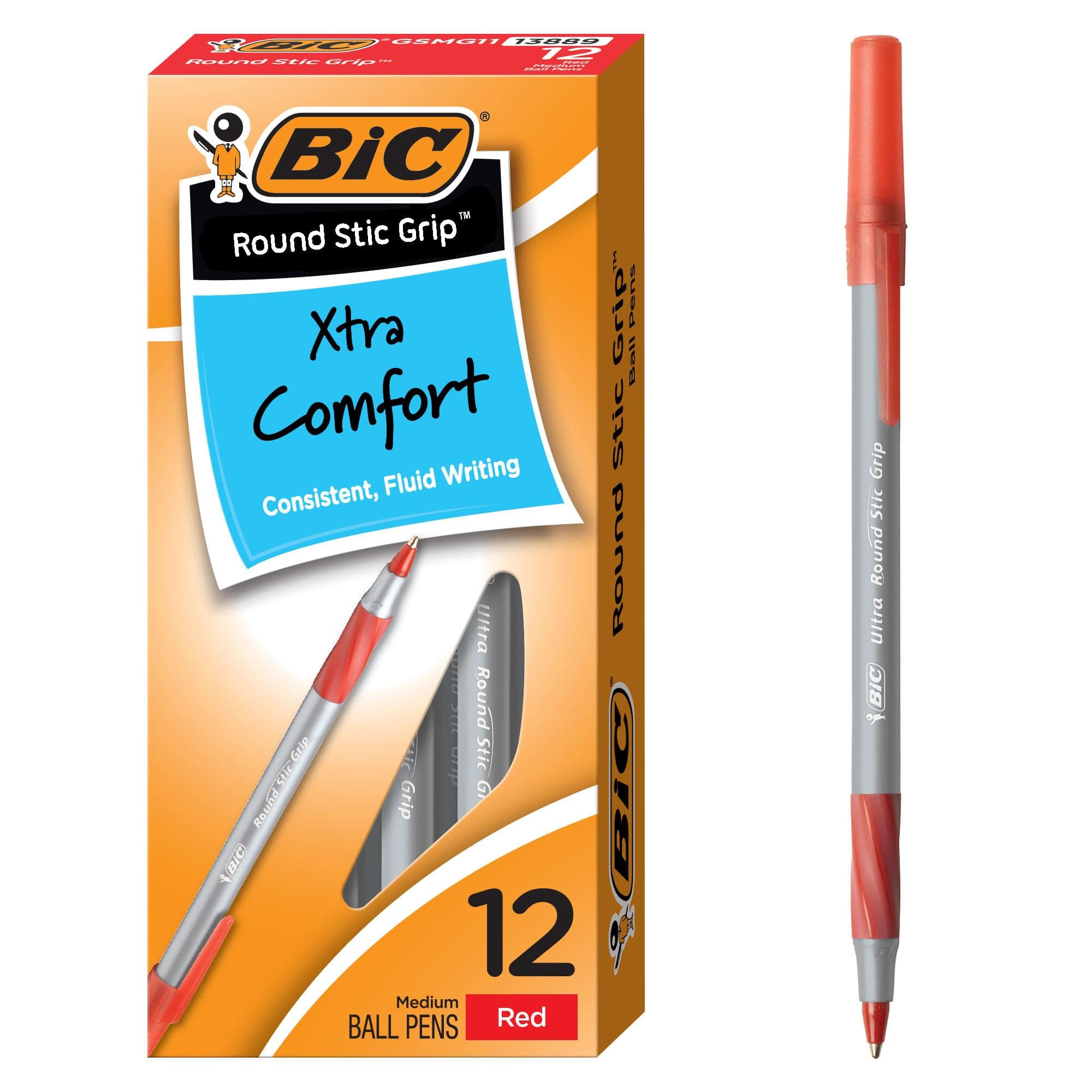 Round Stic Grip Xtra Comfort Ballpoint Pen, Medium Point (1.2mm), Red, 12-Count