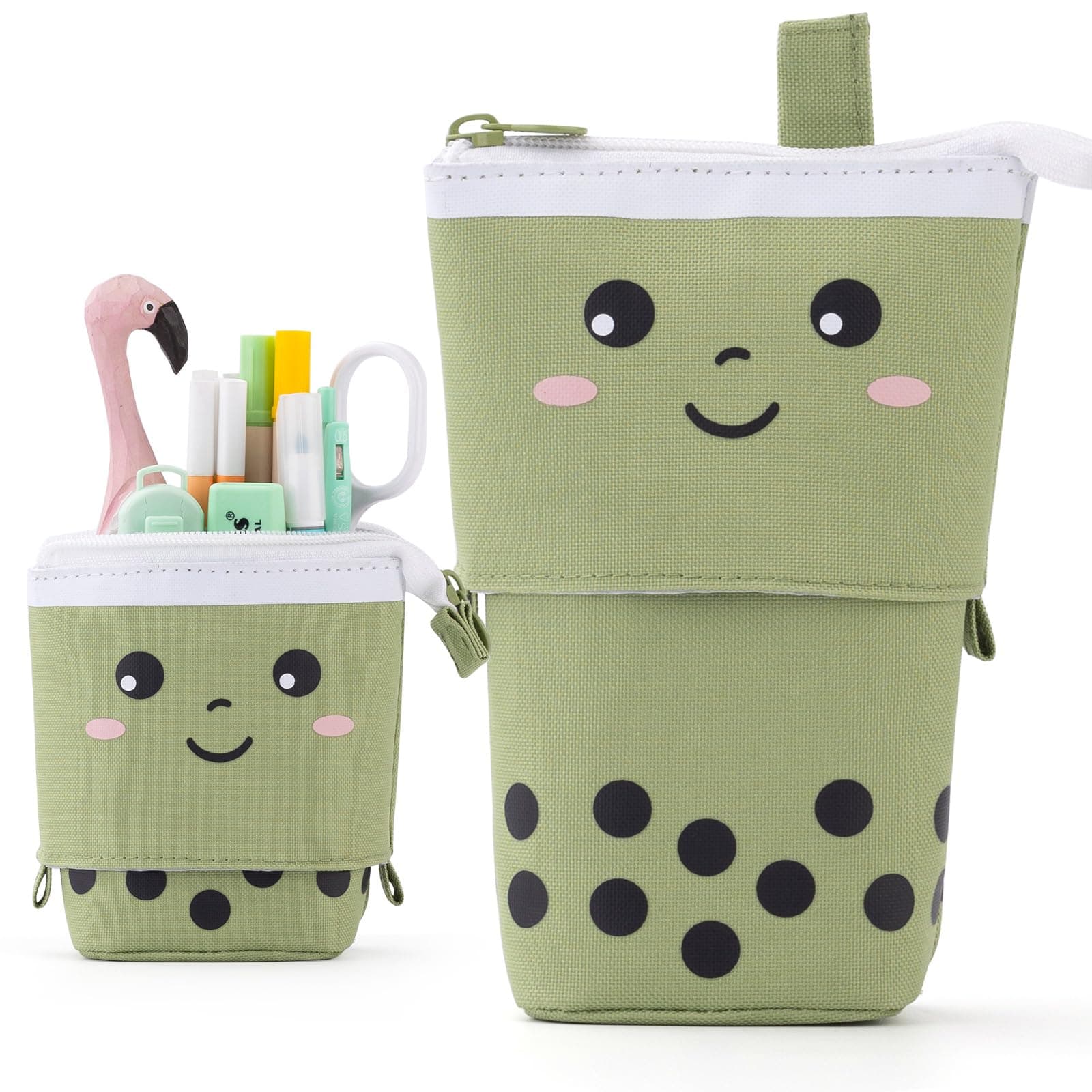 ANGOOBABY Standing Pencil Case Cute Telescopic Pen Holder Kawaii Stationery Pouch Makeup Cosmetics Bag for School Students Office Women Teens Girls Boys Christmas Gift (Green)