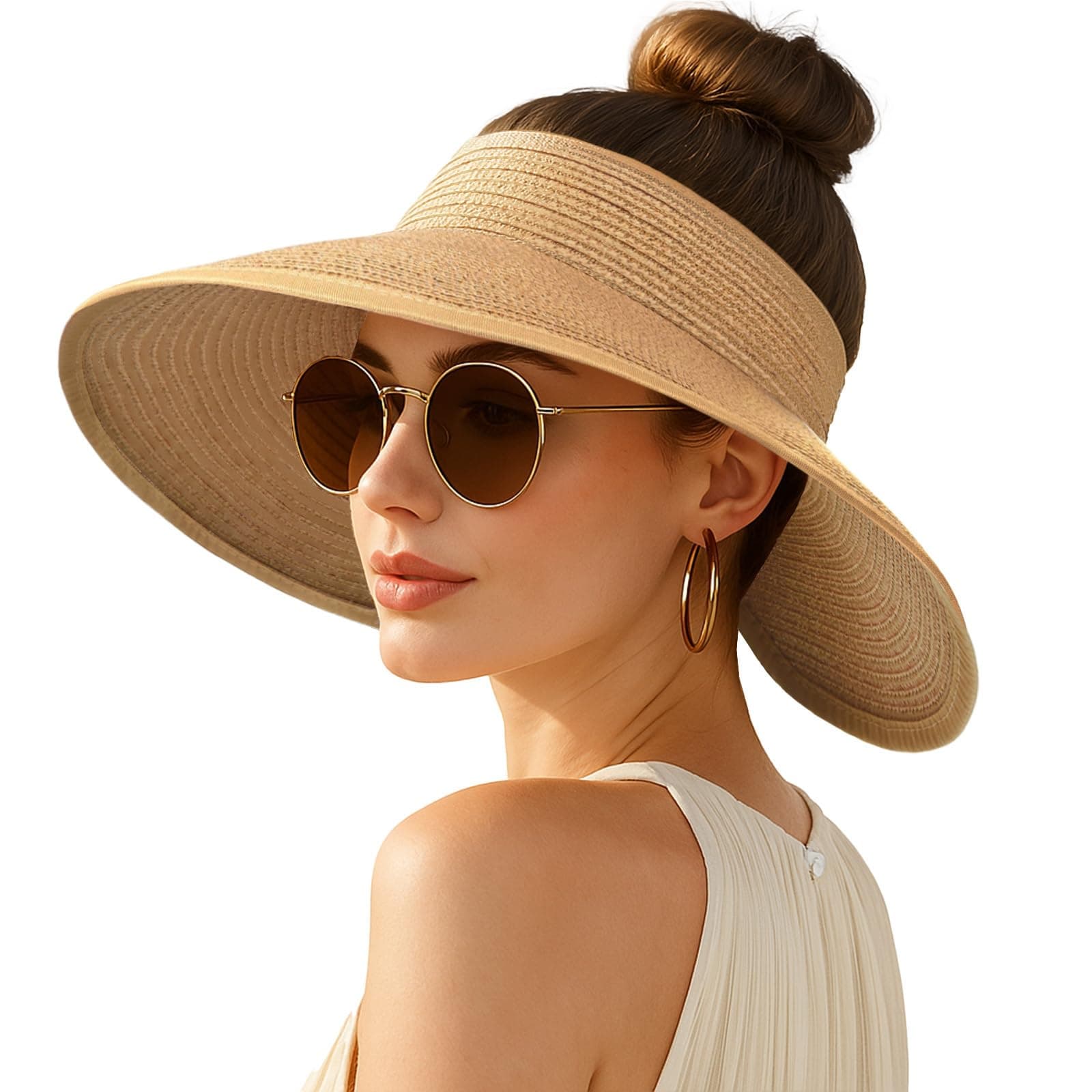 Women's Sun Visor Hats Wide Brim Straw Beach Hat Ponytail Hats for Women Foldable Floppy