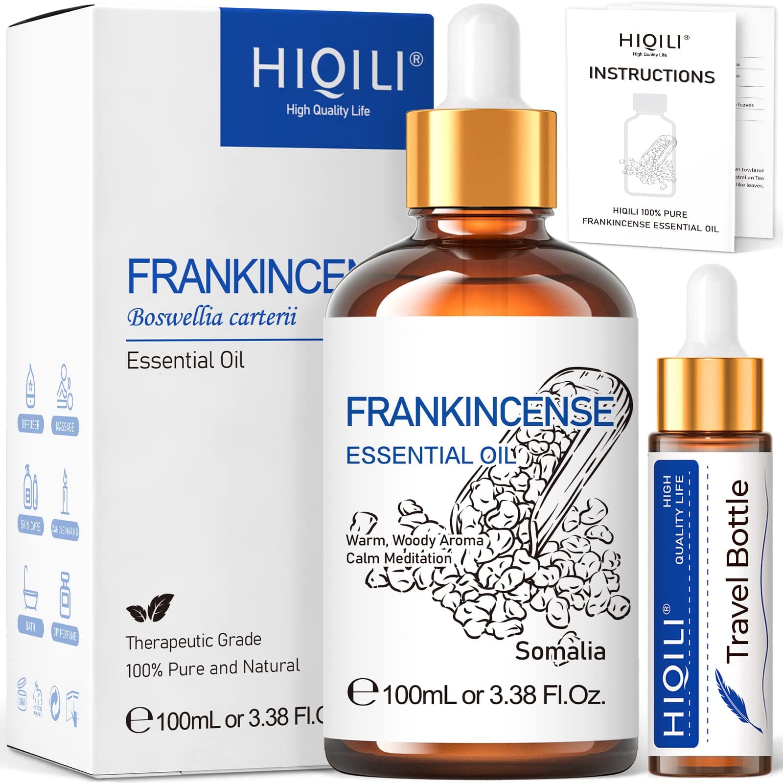 HIQILI Frankincense Oil 100ml, for Skin, Massage, Diffuser, Supports Facial Care, Relieving Discomfort, Relaxation, 100% Pure Natural, Includes Travel Bottle
