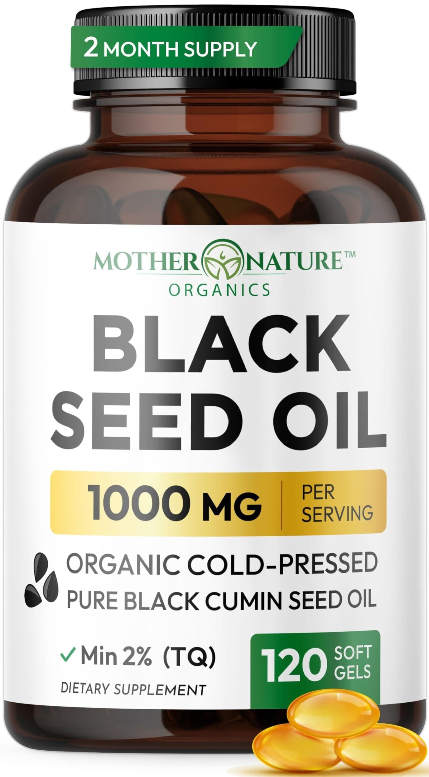Mother Nature Black Seed Oil Capsules - Organic Cold-Pressed Cumin Nigella Sativa - Blackseed Liquid Cumin Oil for Immune Support & Digestion - High Thymoquinone TQ with Omega 3,6, & 9 - (120 Caps)