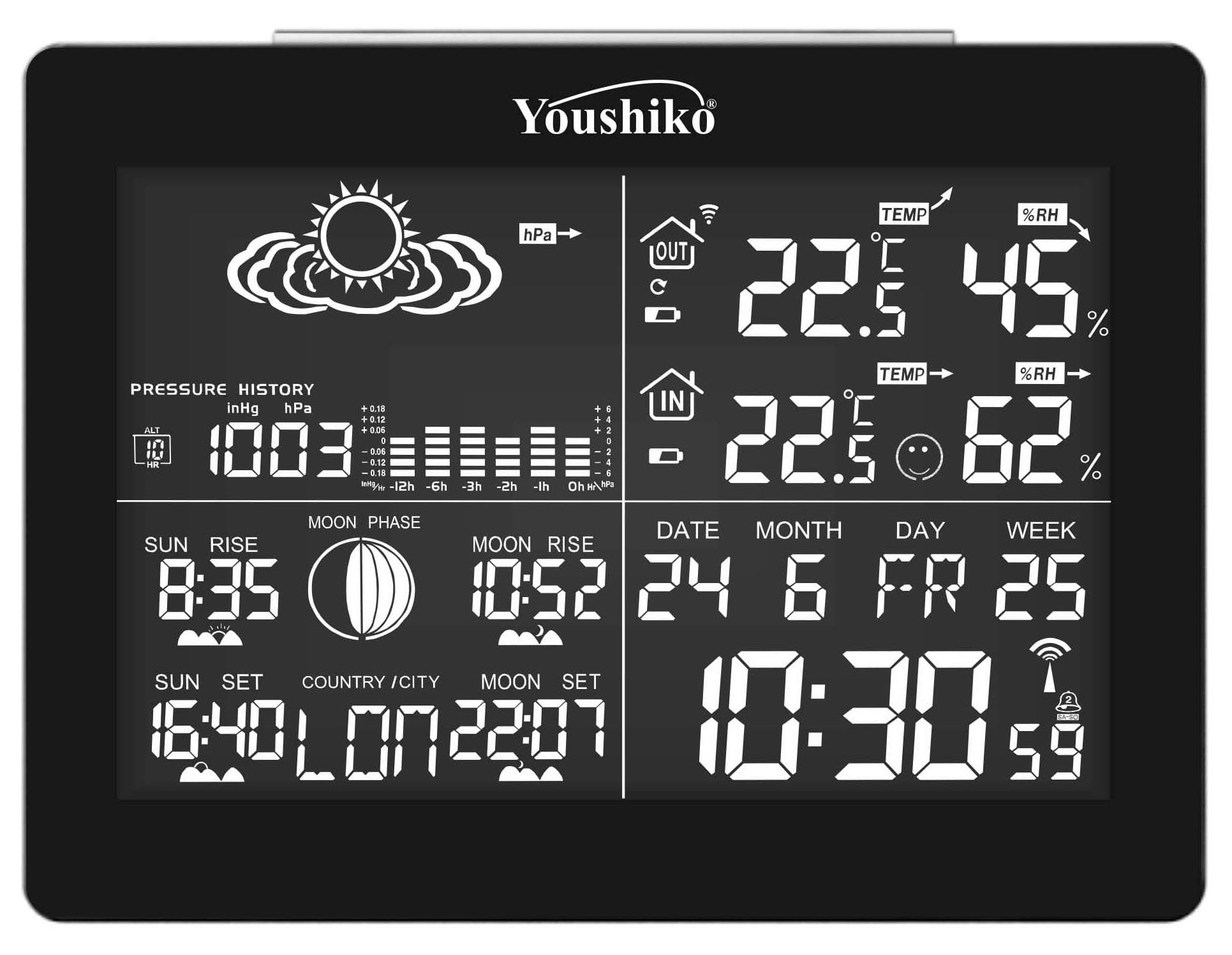 Youshiko YC9361 (Official UK version) Digital Weather Station, Radio Controlled Clock, Indoor Outdoor Temperature Humidity, Sunrise, Sunset, Moonrise, Moonset Times, Barometric Pressure
