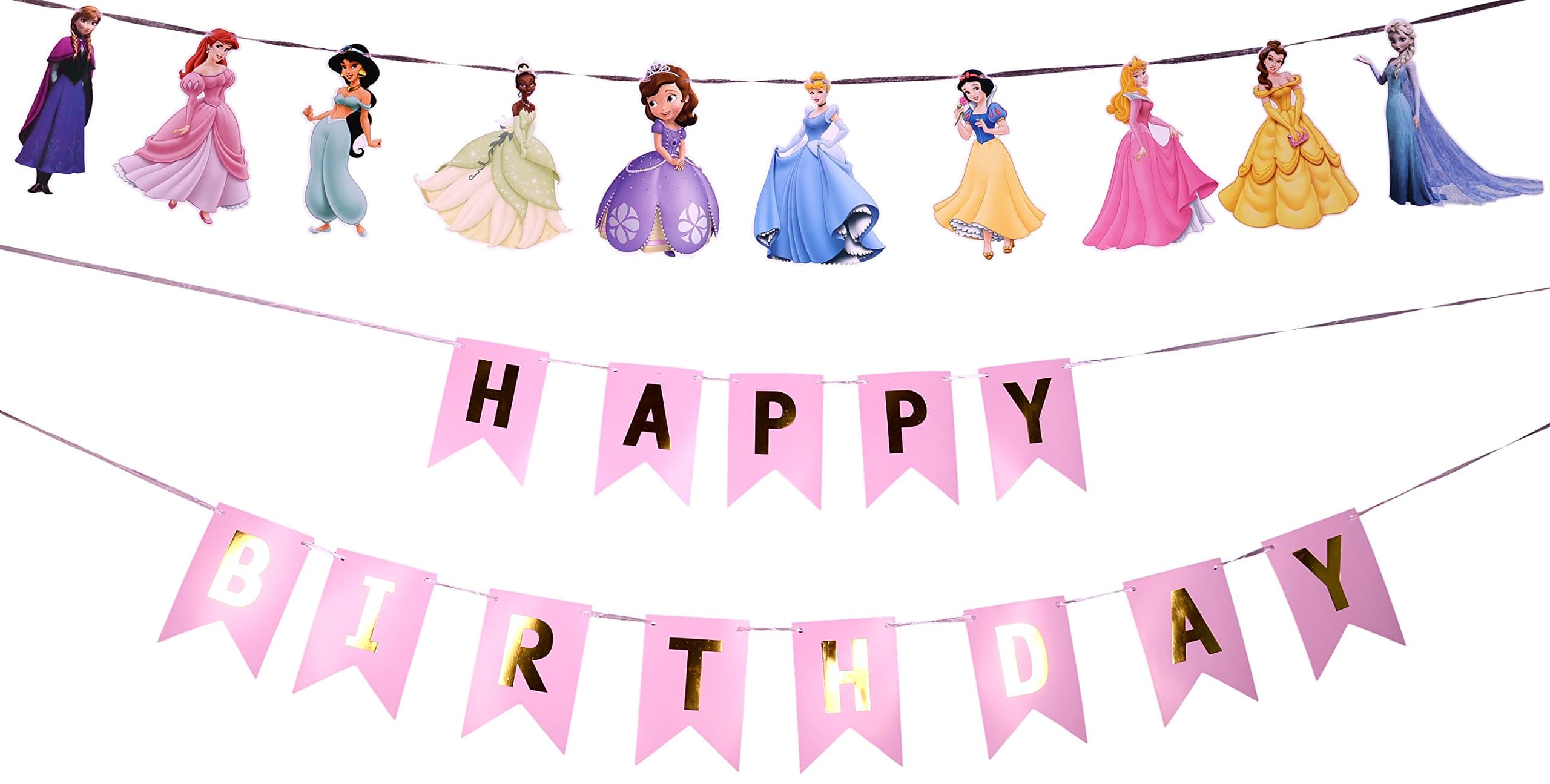 Sandbox Party Happy Birthday Banner Girls Combo (Pink & Golden HB + 10 Princess Banner)