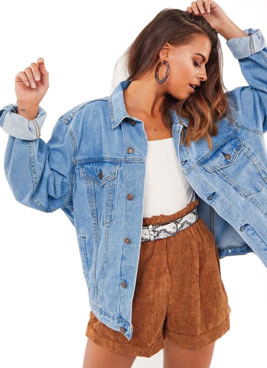 JustalwartWomen's Oversized Vintage Denim Jacket Long Sleeve Boyfriend Coat