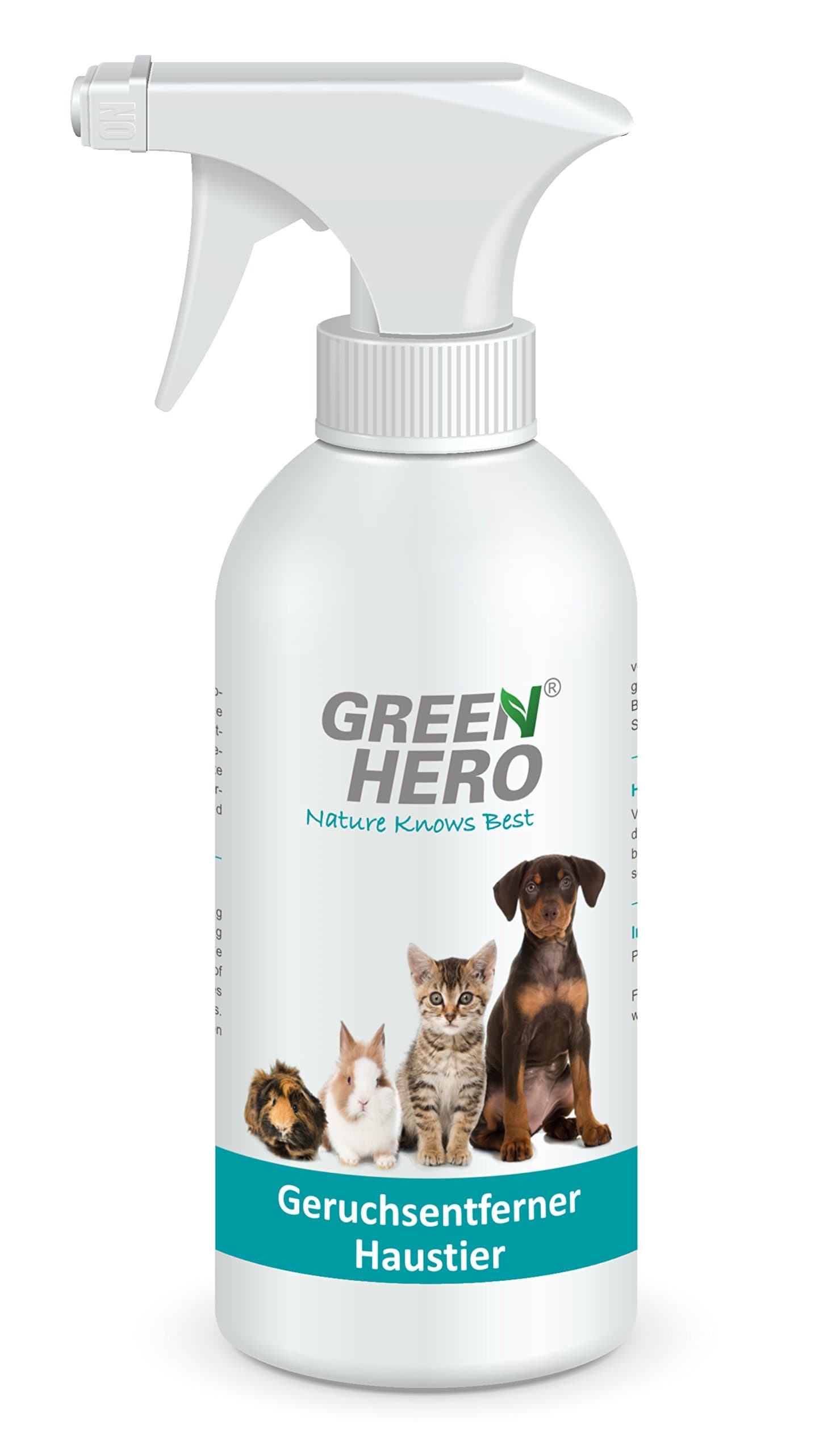 Green Hero, odour remover pet spray, for cats, dogs and rodents, 100 % natural odour cleaning by enzymes or micro-organisms, against organic odours, urine, animal odour, vomit etc., skin-friendly, fragrance-free