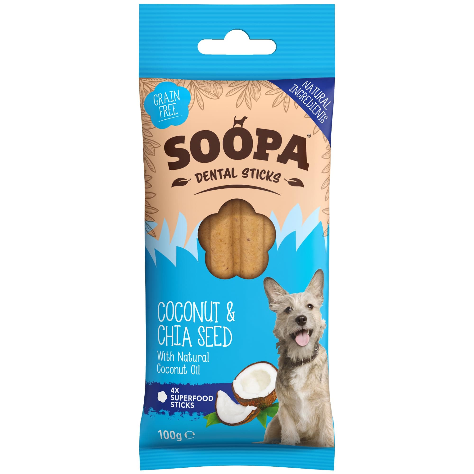 Soopa Grain Free Coconut and Chia Seed Dental Dog Treats, 4 Sticks