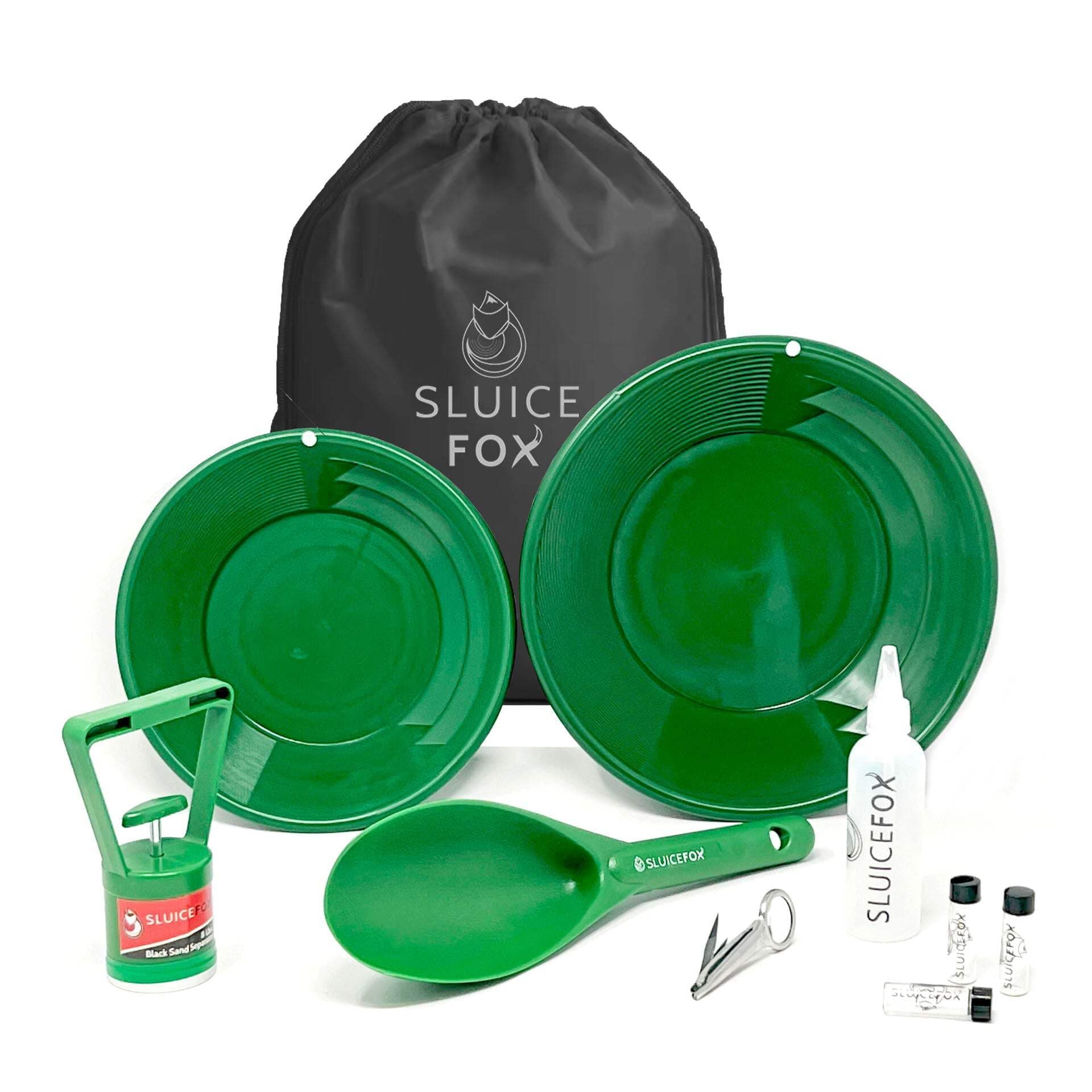 Gold Rush panning kit with Carry Bag; 10-Piece Prospecting Tools for Adults and Kids. Gold pan Accessories; Black Sand Magnet, Plastic Gold Shovel, snifter Bottle, Tweezers and Gold vials Green
