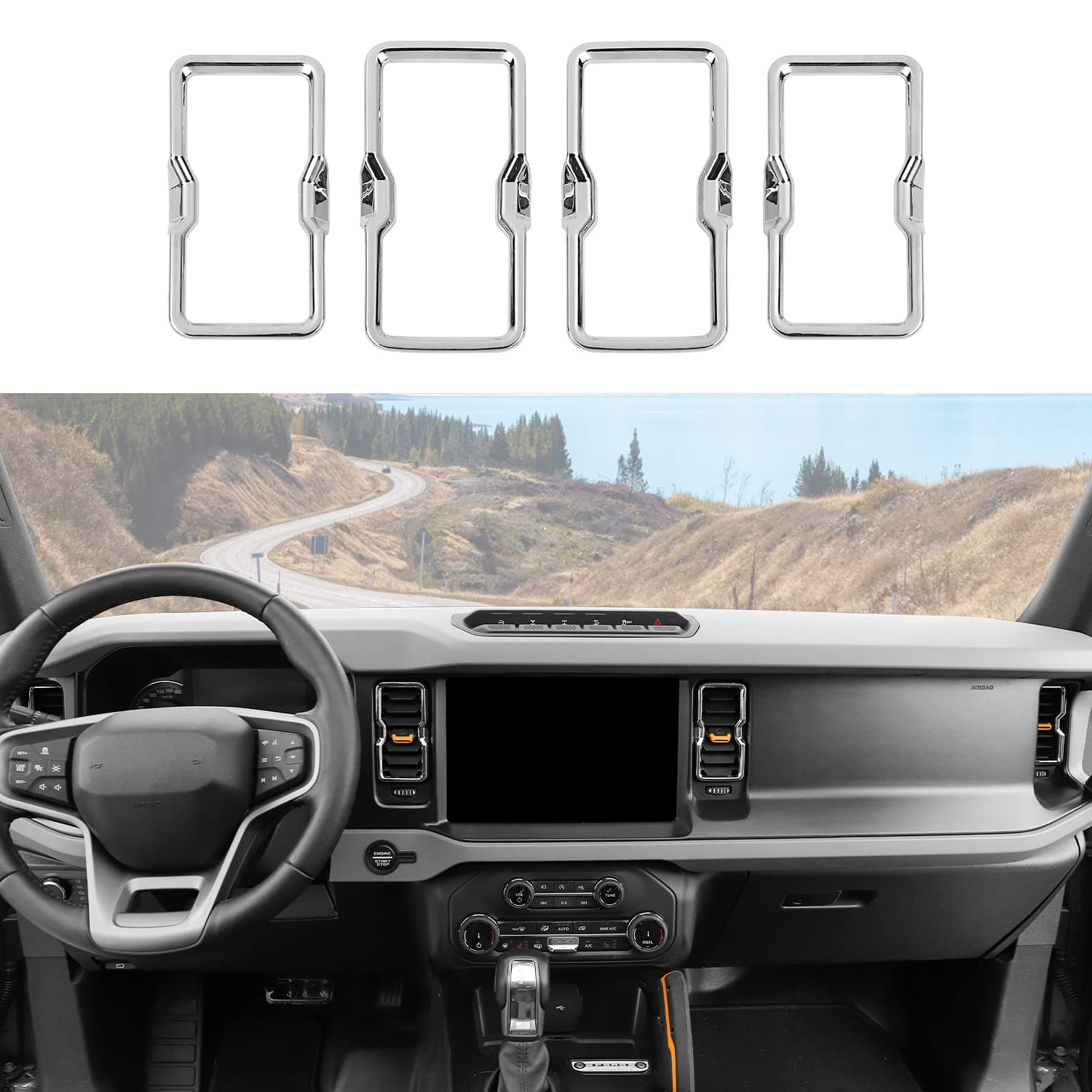 for Bronco Air Conditioning Outlet Vent Trim, 4PCS Center Console Dash AC Vent Ring Cover Compatible with 2021-2023 Ford Bronco Interior Accessories, Chrome