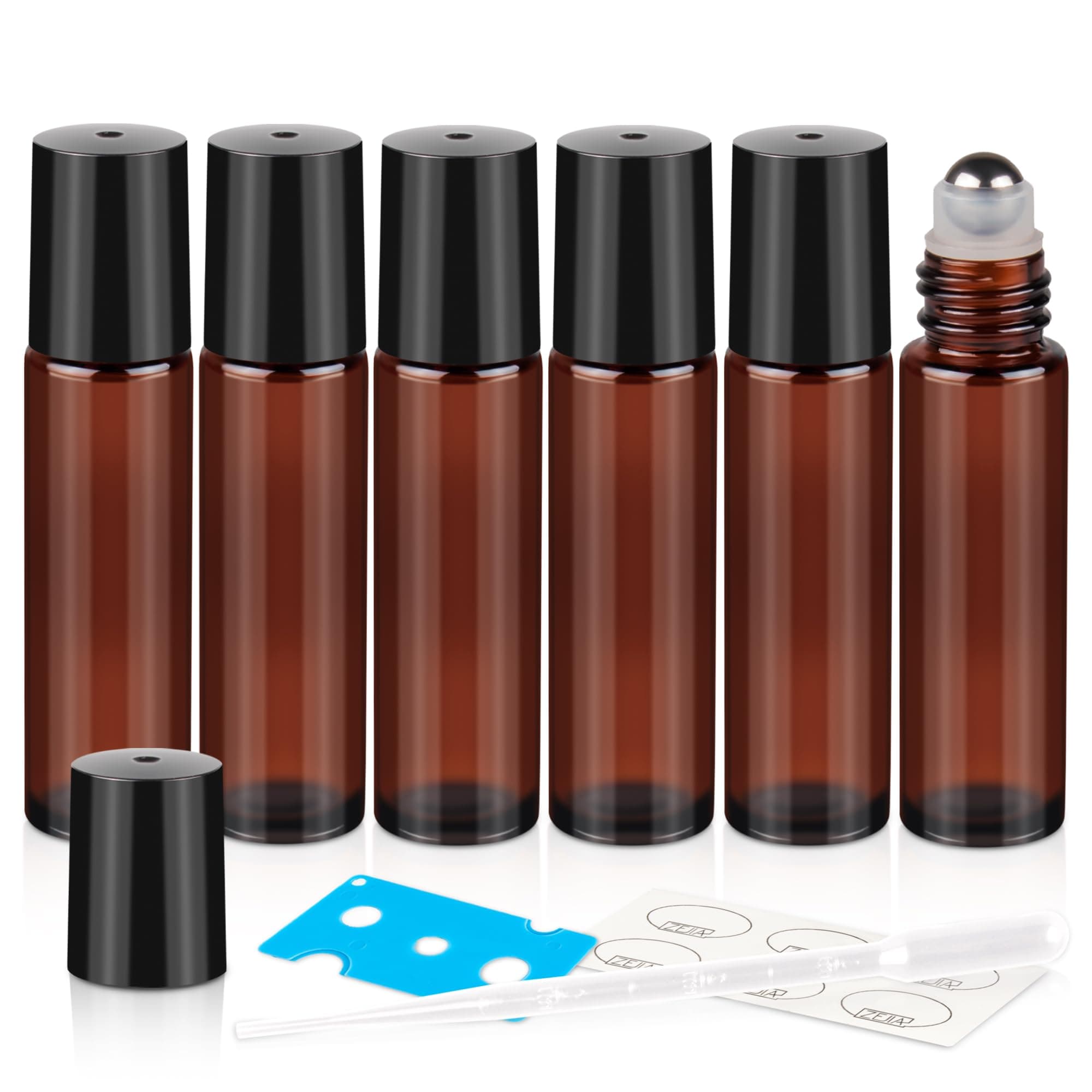 ZEJIA 10ml Roller Bottles for Essential Oils, 6 Pack Glass Roll on Bottles, Refillable Perfume Bottle, with Stainless Steel Roller Balls, 2 Droppers, 1 Opener, Labels(Amber)