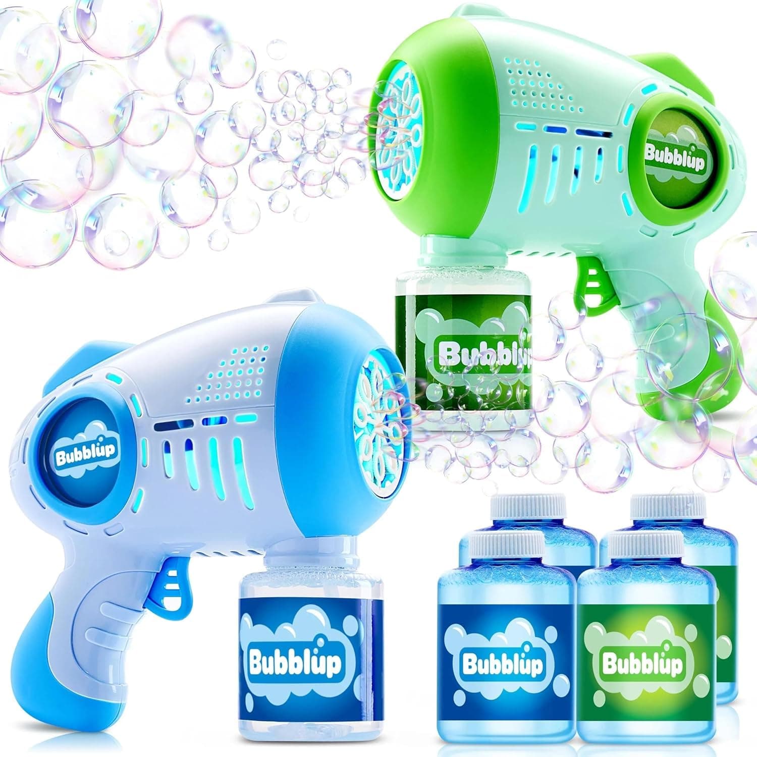 - 2 Kids Bubble Guns with 4 Bottles Solution, Automatic Bubble Machine Gun with 8 Holes for Kids, Adults, Summer Toys, Easter Basket Stuffers, Birthday Gift, Party Favors