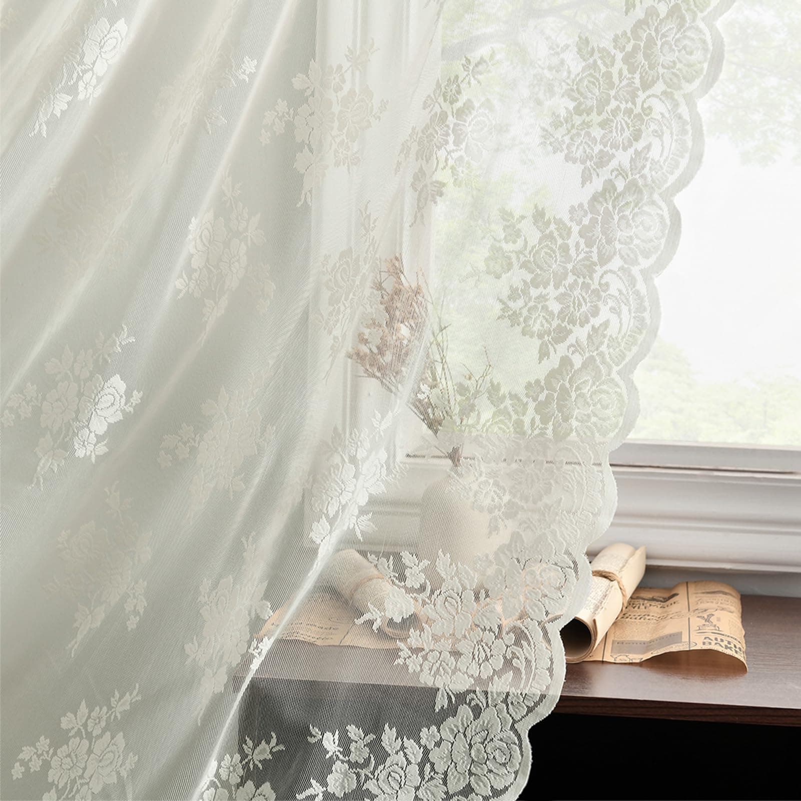Kotile Ivory Lace Curtains 96 Inches Long - Country Floral Vintage Lace Window Curtains for Living Room, Premium Scalloped Floral Sheer Lace Curtain Panels, 52 x 96 Inch, 2 Panels, Ivory/Cream