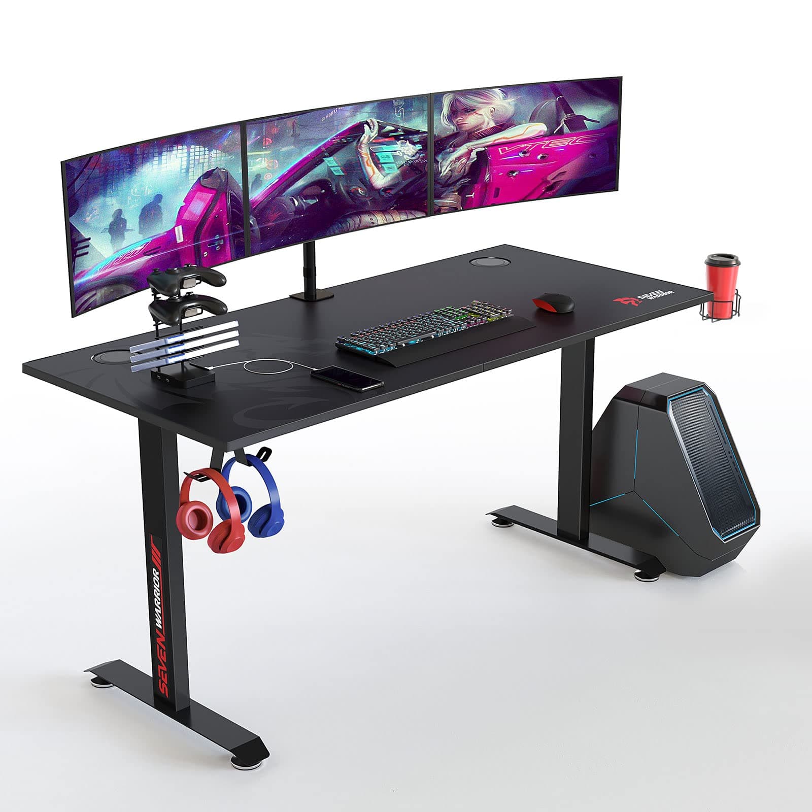 Gaming Desk 60 INCH, T- Shaped Carbon Fiber Surface Computer Desk with Full Mouse Pad, Ergonomic E-Sport Style Gamer Desk with Double Headphone Hook, USB Gaming Rack, Cup Holder