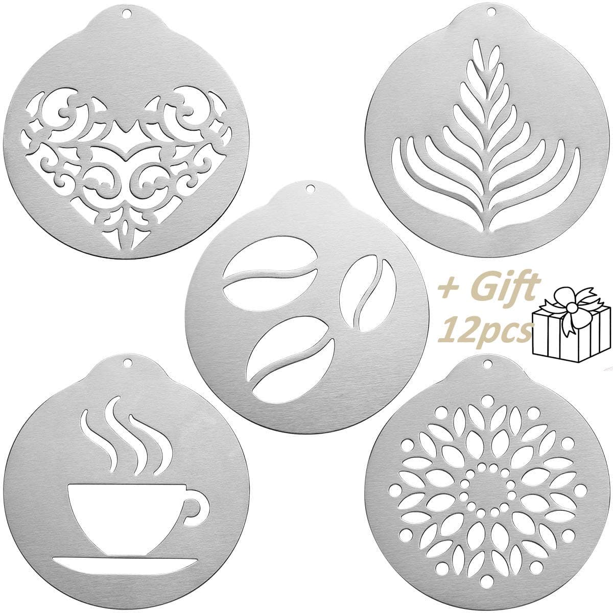 5Pcs Coffee Stencils, Stainless Steel Printing with 1Pcs 5inch Expander,Barista Cappuccino Arts Garland Mould Cake DIY Decorating Tool for Kitchen and Store