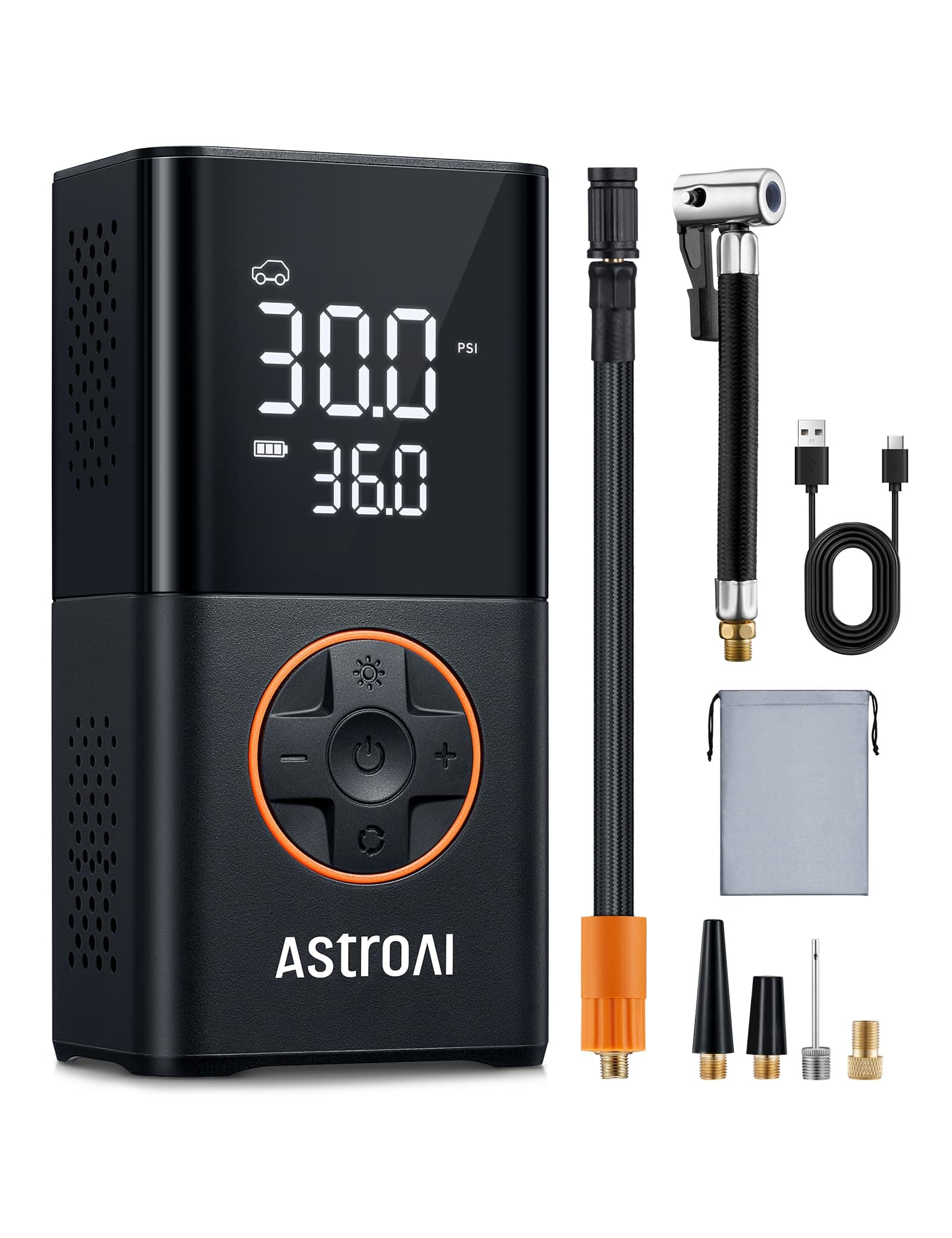 AstroAI Car Tyre Inflator Air Compressor, Portable USB Rechargeable Electric Bike Pump 150 PSI, Tyre Pump with Pressure Gauge Digital Dual Values Display, for Car, Bike, Motorbike, Ball