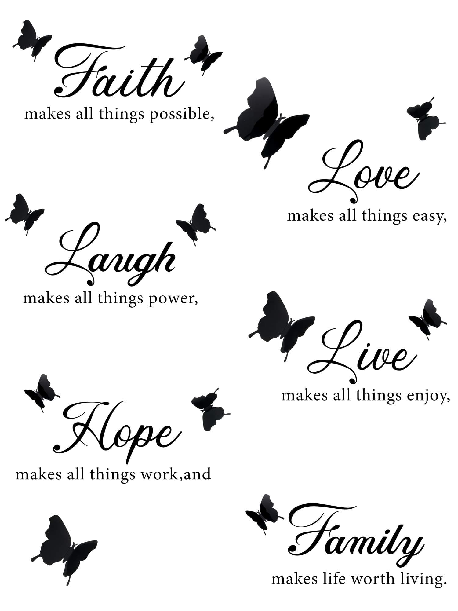 Boao 6 Pieces Faith Hope Love Laugh Family Live Wall Decal Sticker Motivational Wall Decal Sticker with 12 Pieces 3D Butterfly Decal Inspirational Quotes Sticker Set for Home Office Decor (Black)