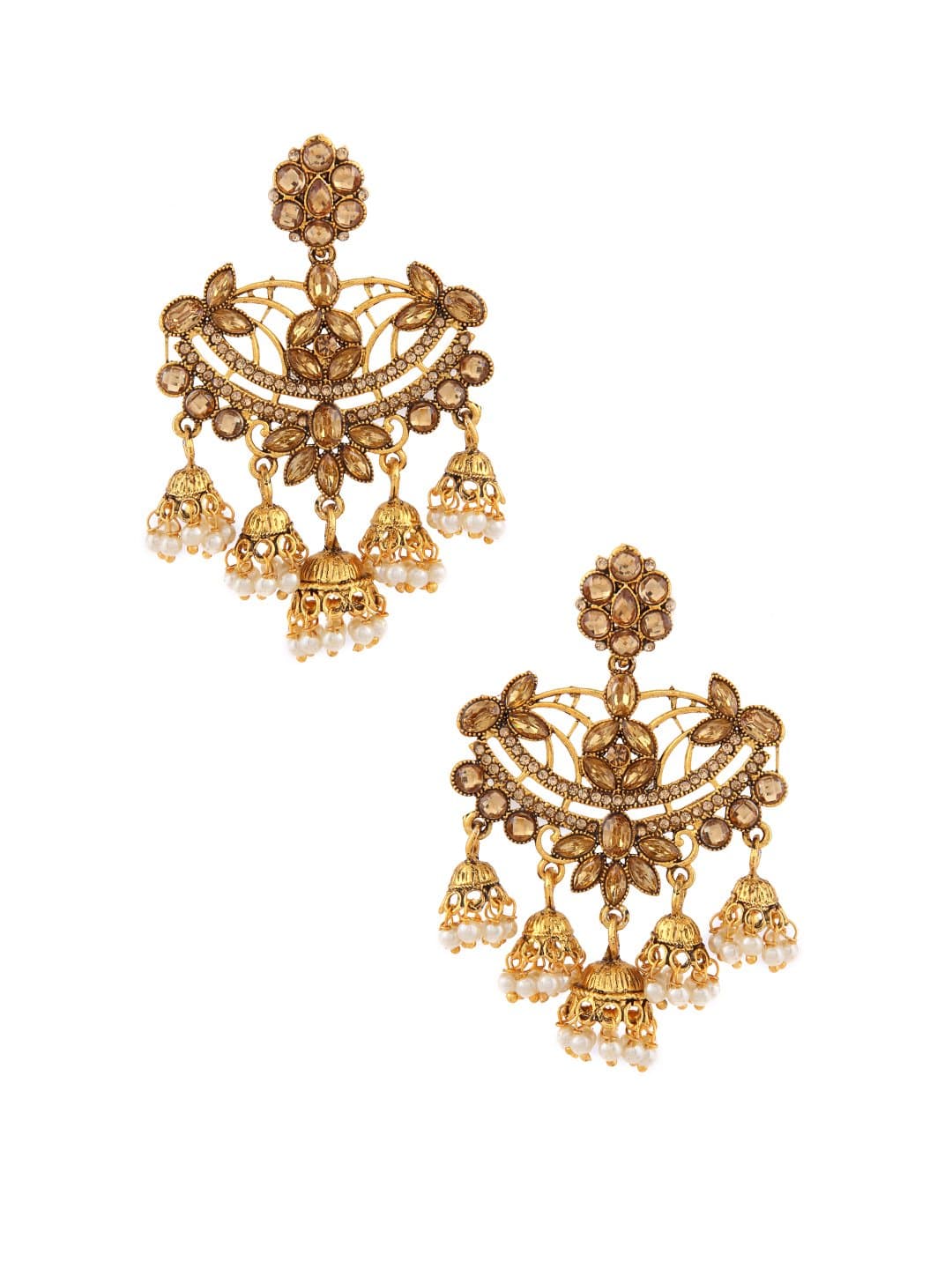 Rubans Gold Plated Traditional Indian Jewelry Bollywood Ethnic Wedding Bridal Rhinestone and Pearls Bahubali Chandbali Earrings for Women