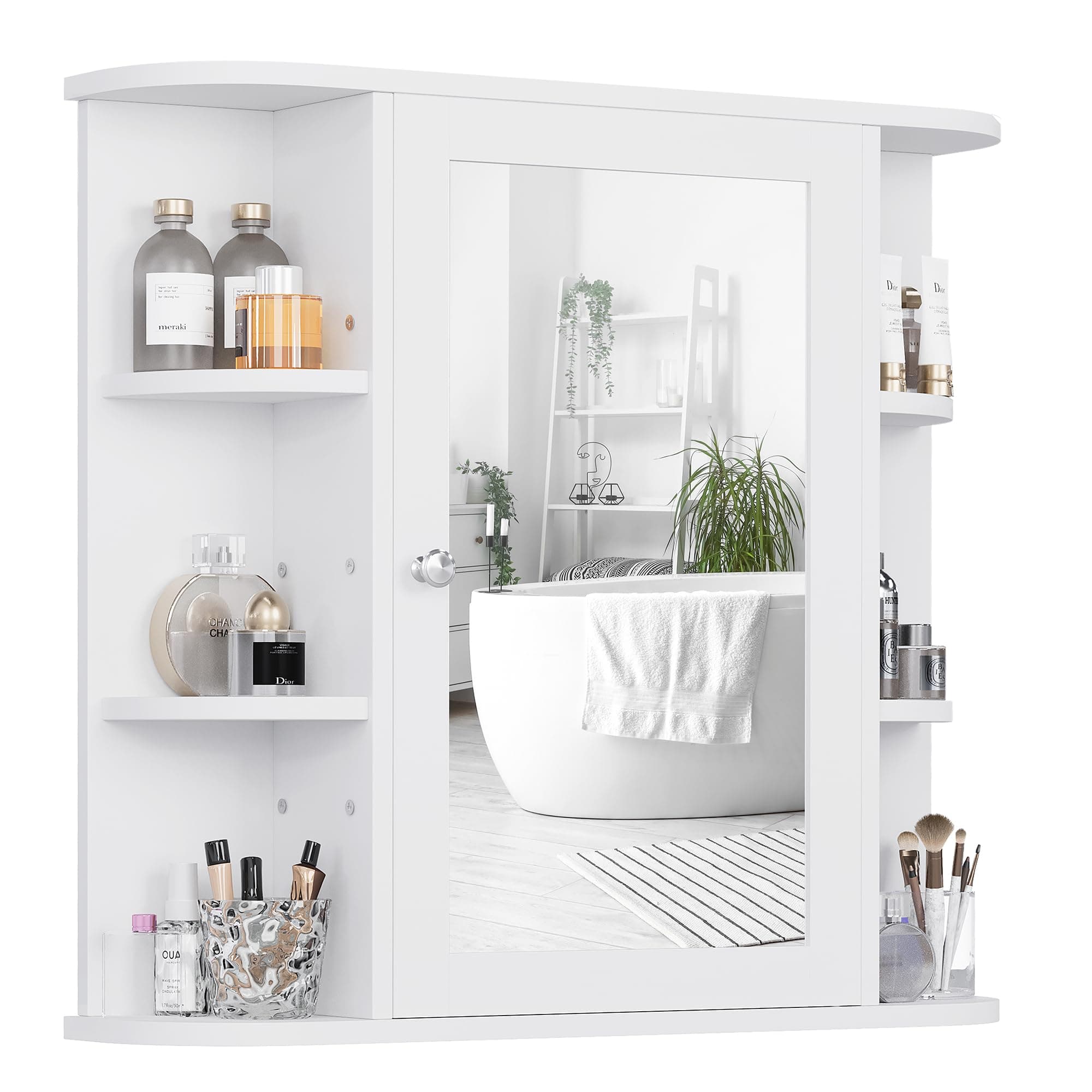 Shintenchi Bathroom Wall Cabinet with Mirror, Mounted Medicine Cabinets with 4 Internal and 6 Open Shelves, Mirrored Door Over The Toilet Storage, Solid White