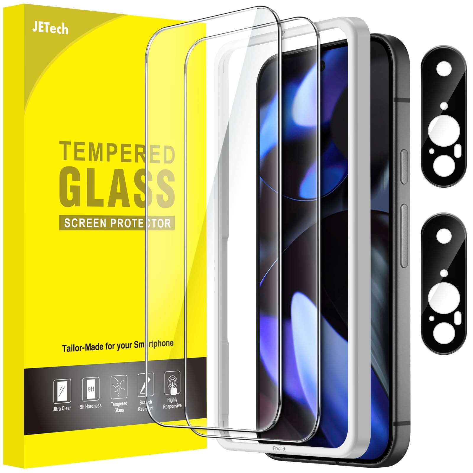 Screen Protector for Google Pixel 9 with Camera Lens Protector, Easy Installation Tool, Fingerprint Compatible, Tempered Glass Film, HD Clear, 2-Pack Each
